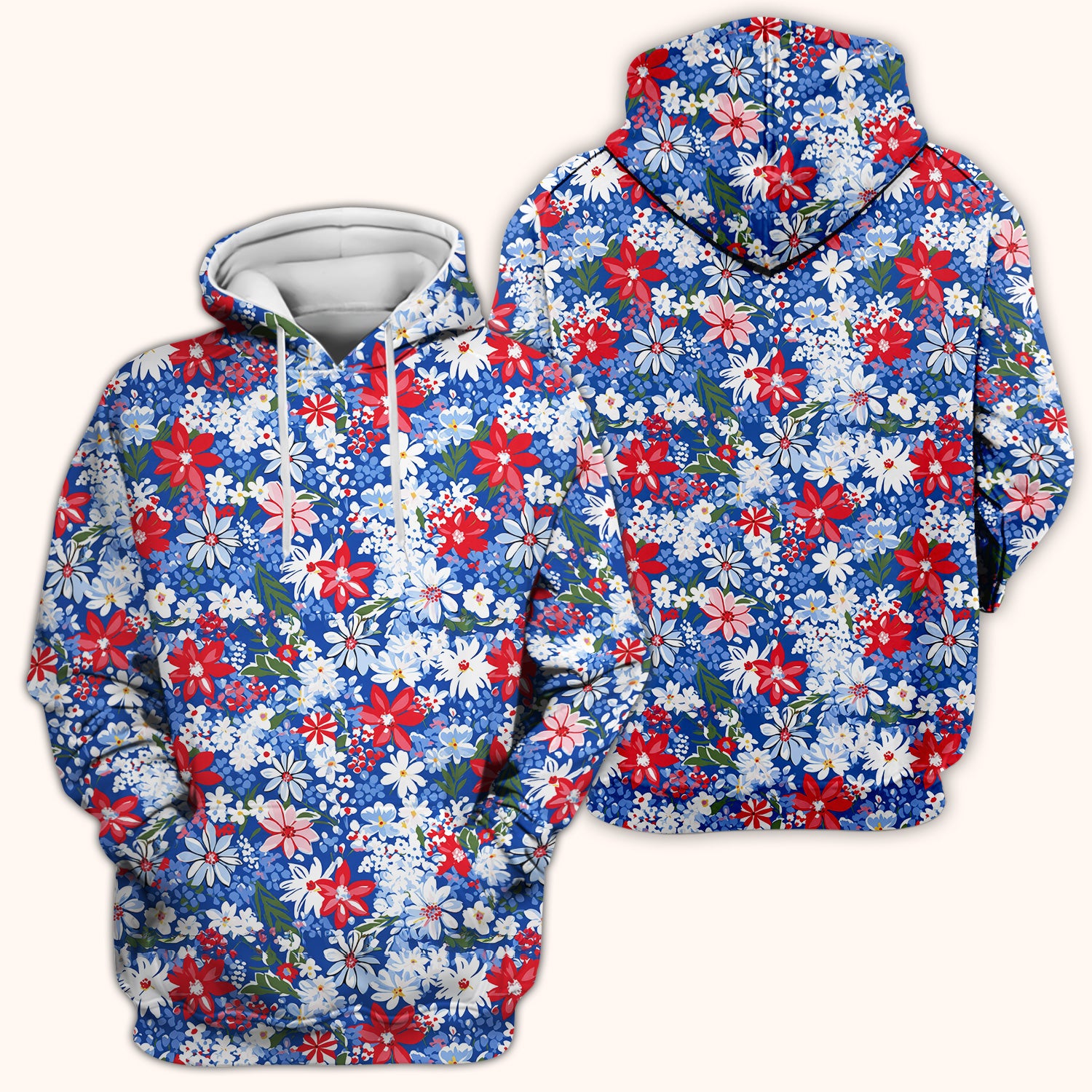 Patriotic Red White Blue Floral Garden Print Scrub Top, Comfortable Scrubs for Nurses