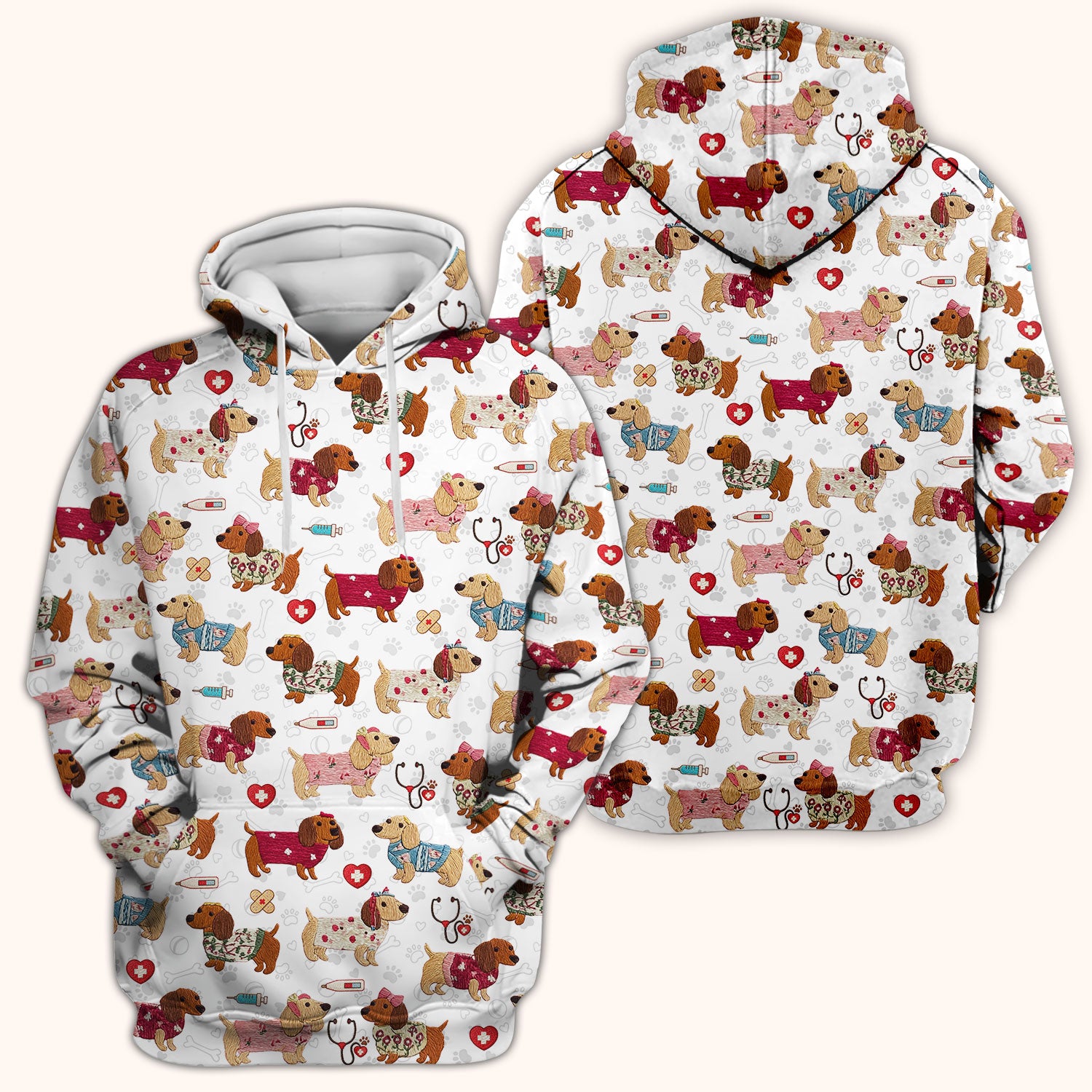 Cute Medical Wiener Dog Pattern Nurse Shirt, Dachshund Nursing Scrub Top, Breathable Fabrics Nursing Uniform