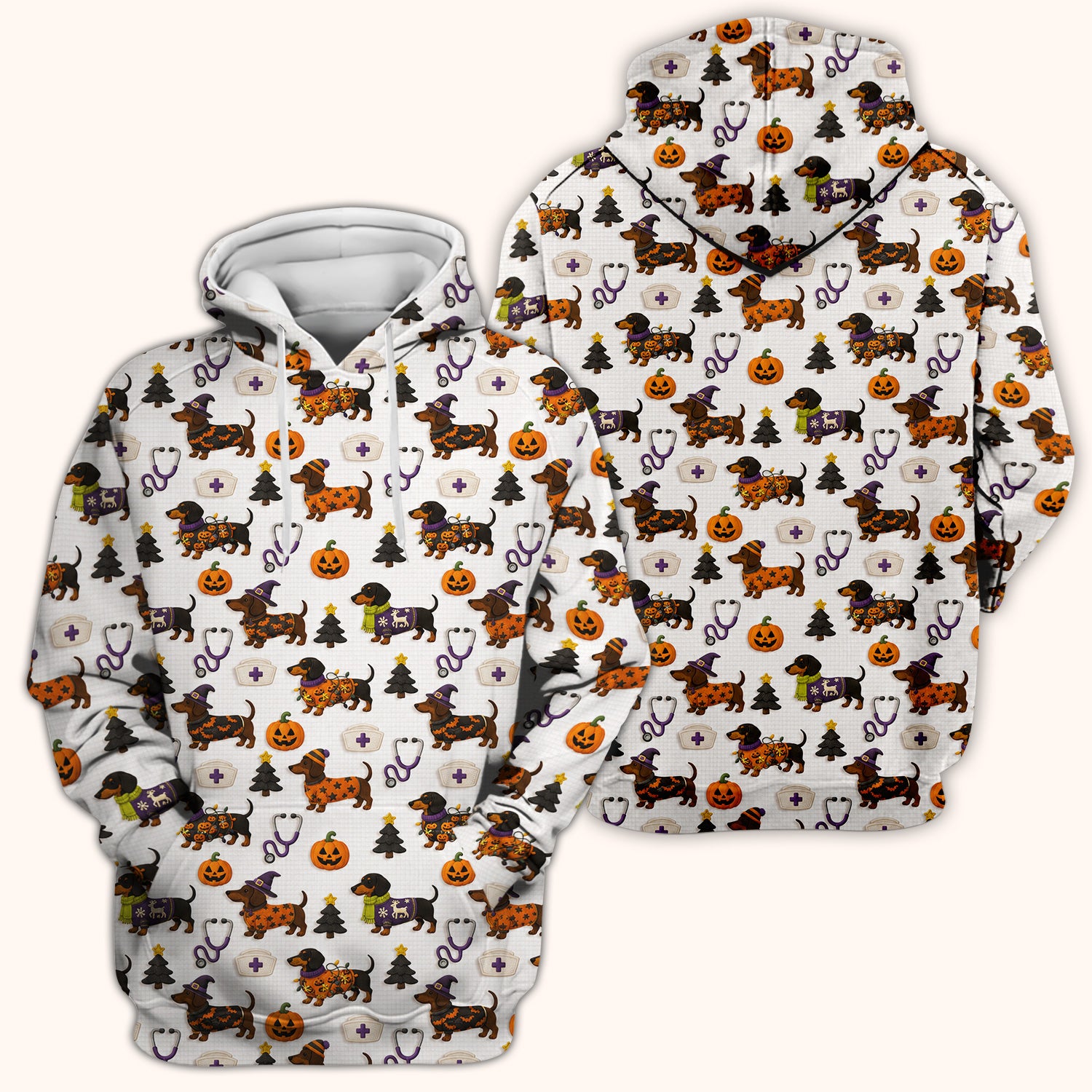 Halloween Dachshund with Pumpkin Stethoscope Print Scrub Top, Comfortable Scrubs for Nurses