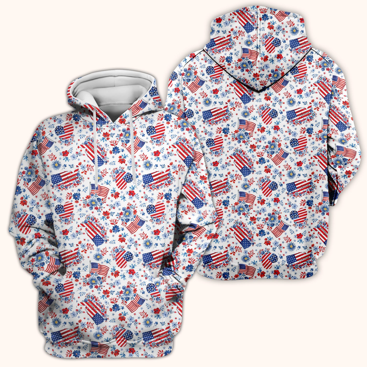 Festive American Flag Heart Floral Pattern Scrub Top, Comfortable Scrubs for Nurses