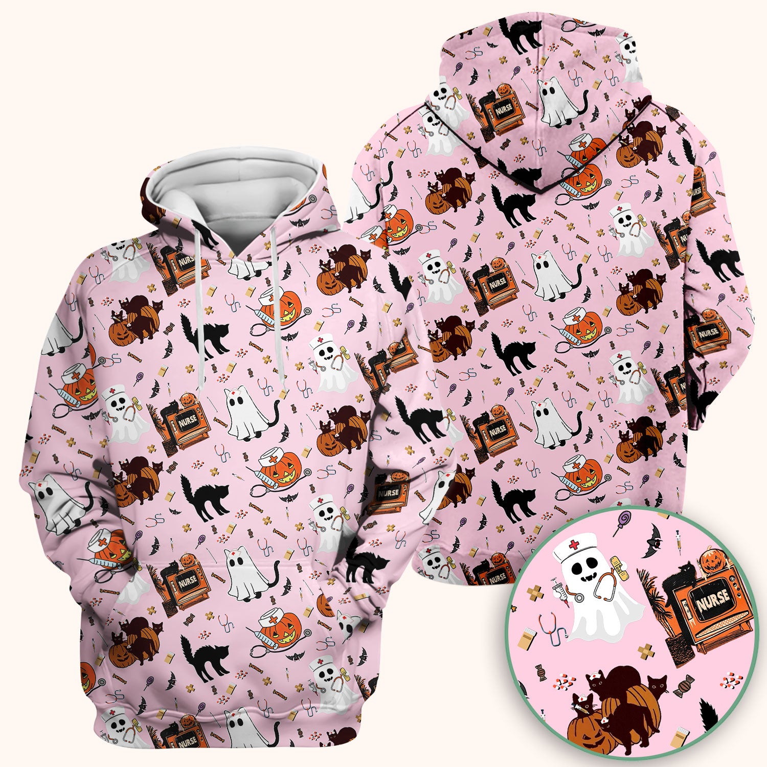 Halloween Scrub Top for Nurse - Cute Pumpkin Ghost Cat Medical Shirt - Spooky Scrubs for Women RN CNA LPN