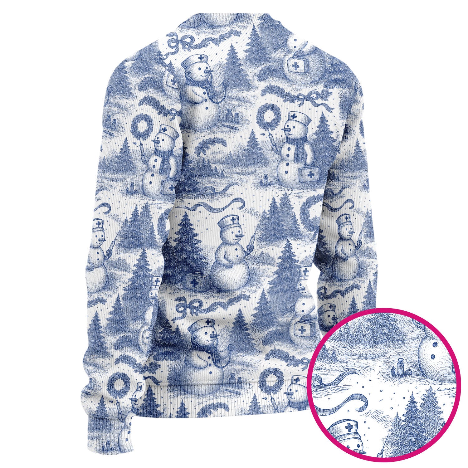 Toile de Jouy Christmas Scrubs Set – Elegant Snowman and Nurse Pattern – Classic Holiday Scrub Top and Pants for Women