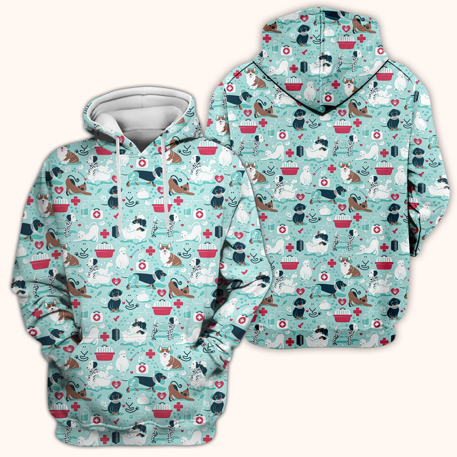 Dogs With Veterinary Tools And Paw Print Scrub Top, Breathable Fabrics Nursing Uniform