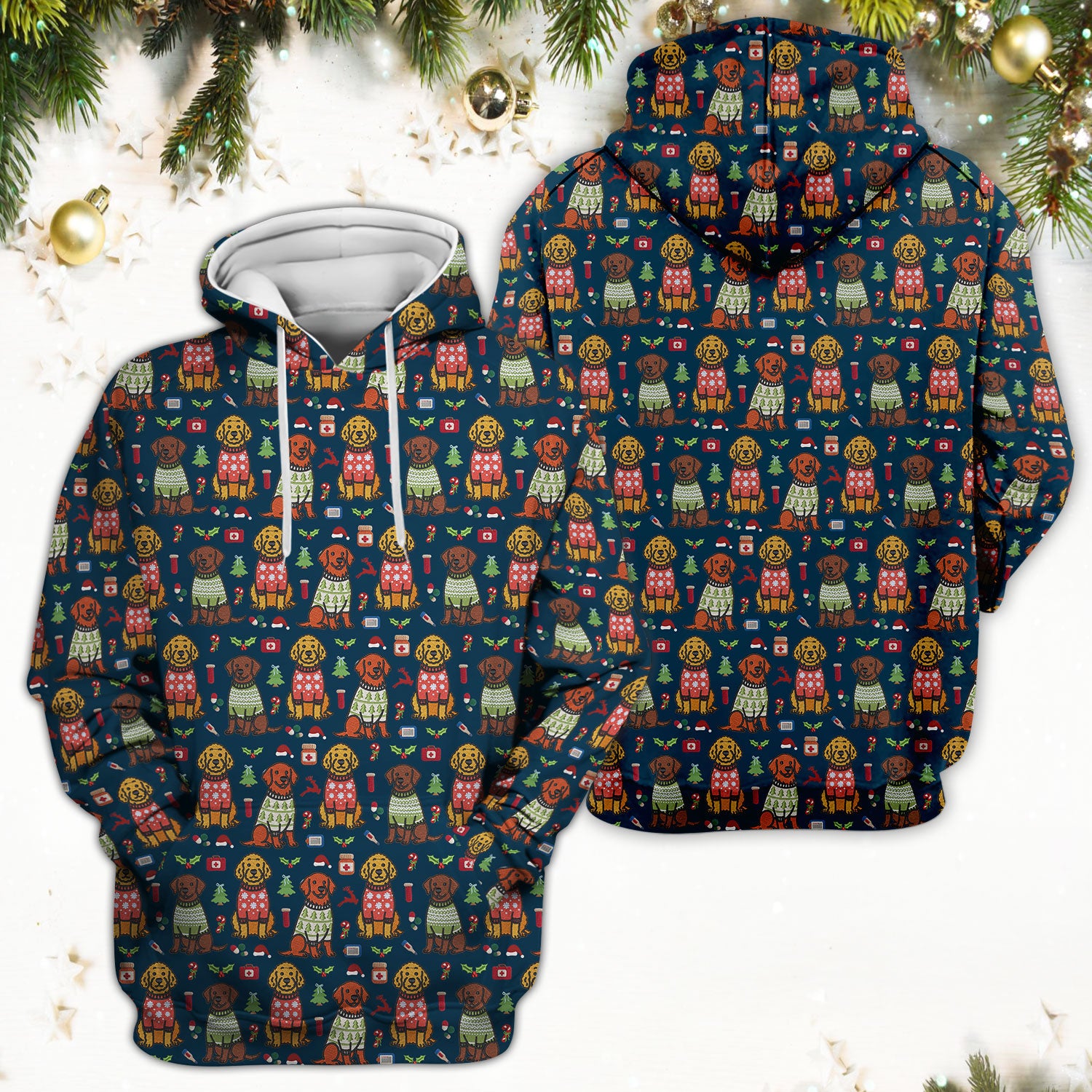 Golden Retriever Christmas Scrub Top, Cute Holiday Dog Nurse Pattern Shirt, Breathable Fabrics Nursing Uniform