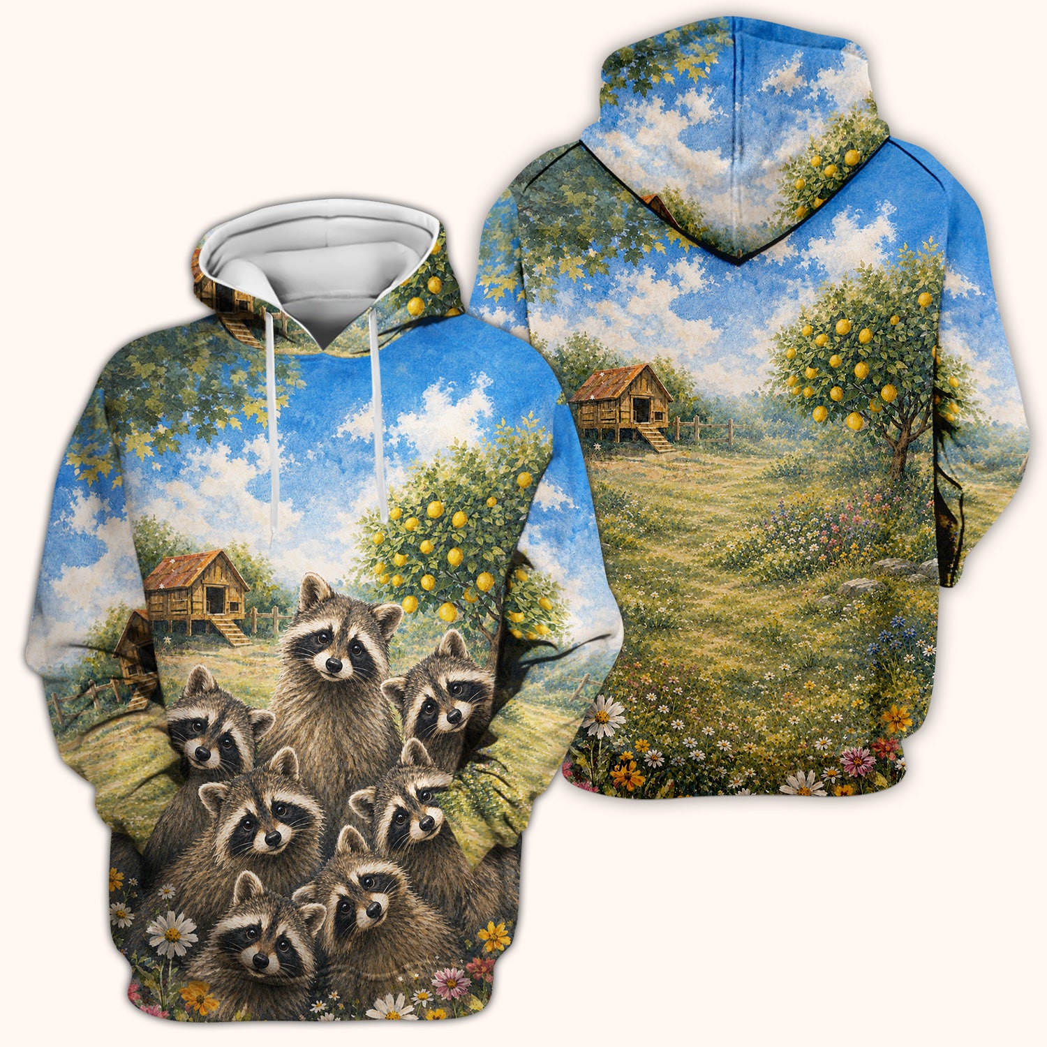 Adorable Raccoon Family Garden Pattern Scrub Top, Comfortable Scrubs for Nurses