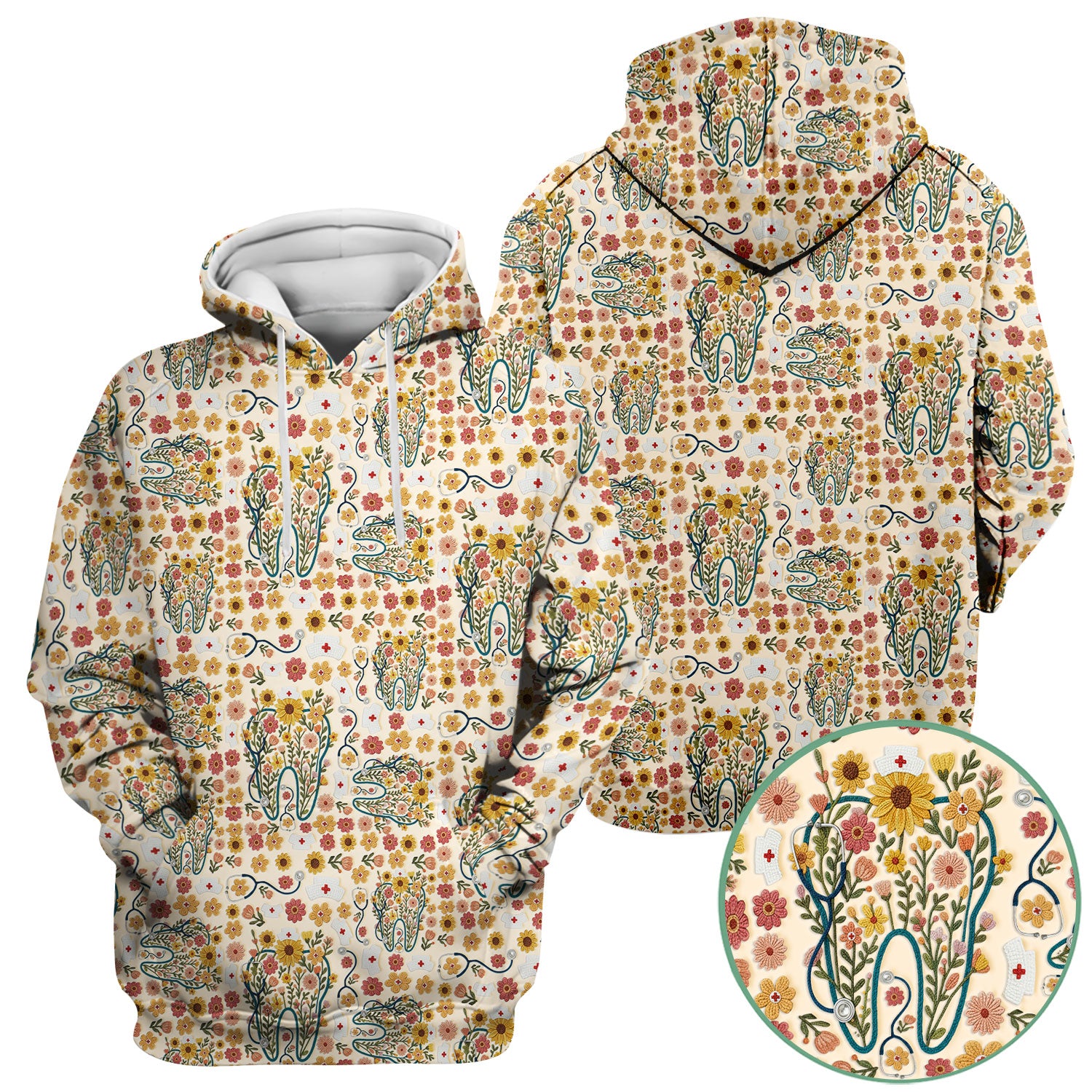 Boho Floral Tooth Scrub Top - Aesthetic Dental Scrubs for Women - Cute Flower Tooth Pattern Medical Uniform - Hygienist Christmas Gift
