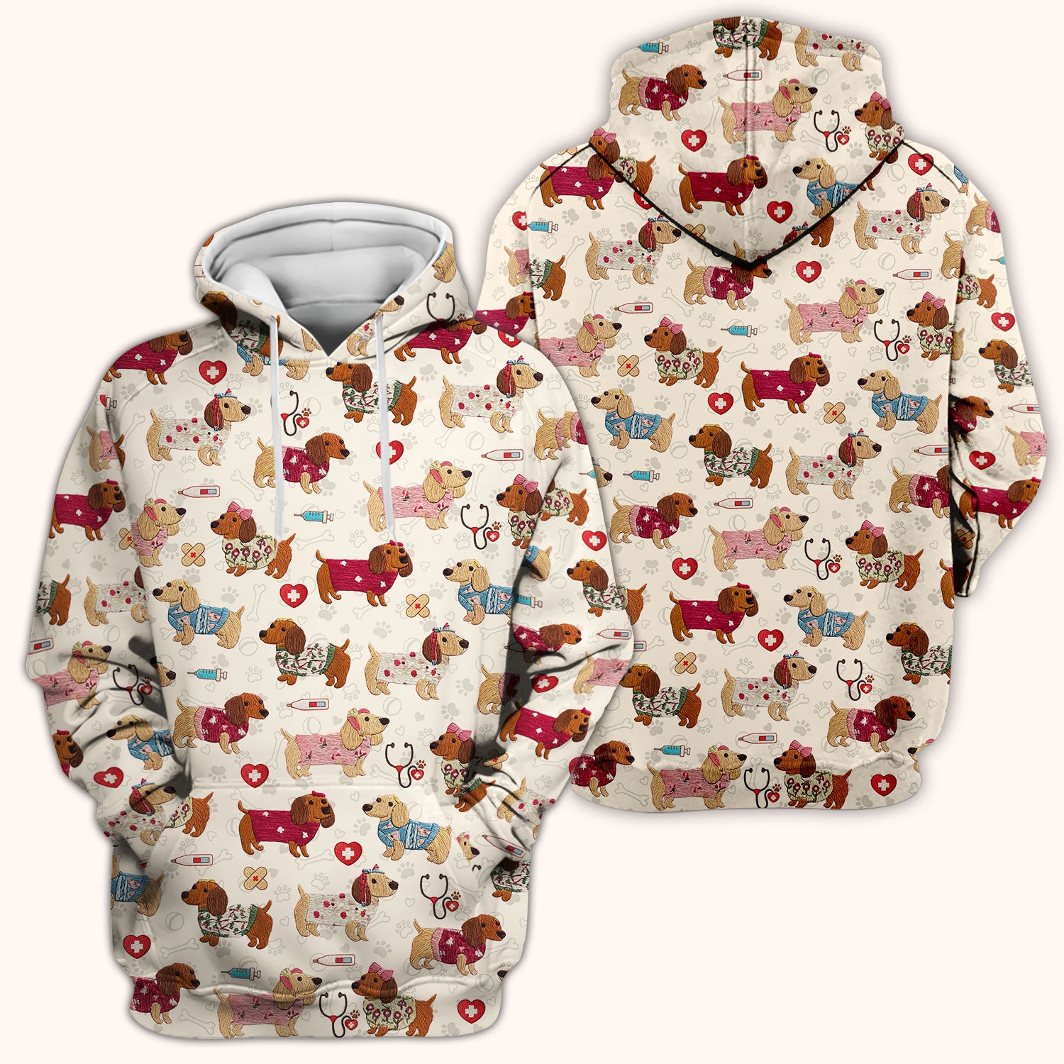 Cute Medical Wiener Dog Pattern Nurse Shirt, Dachshund Nursing Scrub Top, Breathable Fabrics Nursing Uniform