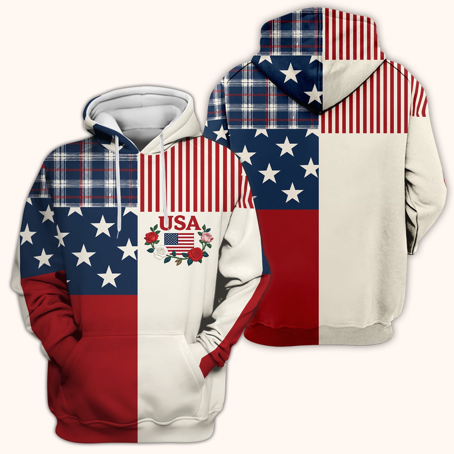 USA Flag Rose Patchwork Pattern Scrub Top, Comfortable Scrubs for Nurses