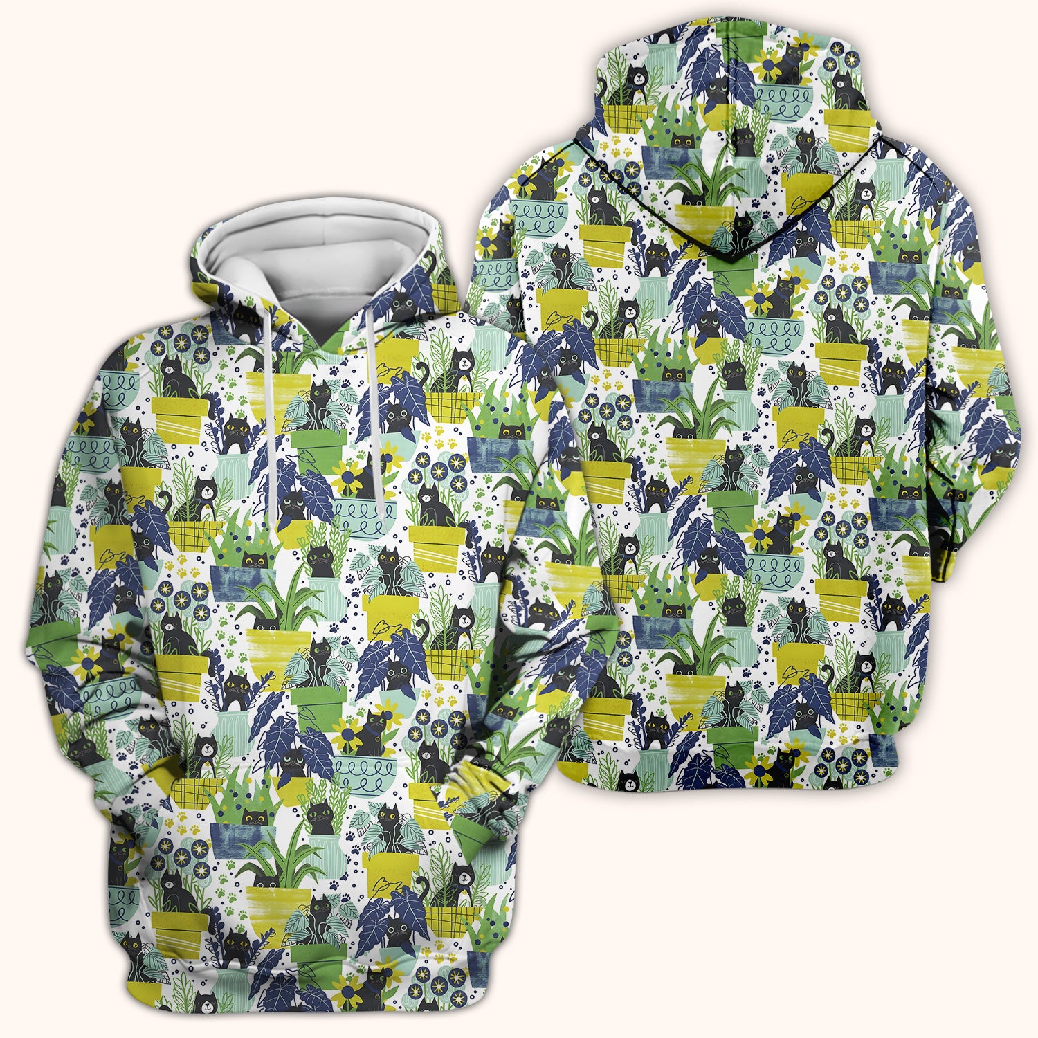 Black Cat Planter Garden Pattern Scrub Top, Comfortable Scrubs for Nurses