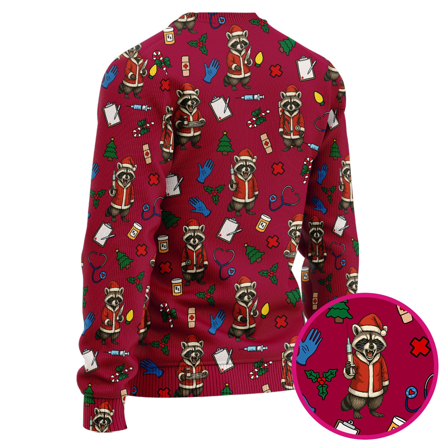 Christmas Raccoon Pattern Nurse Scrub Set - Funny Santa Medical Print Top and Pants - Holiday Gift for RN LPN CNA Women
