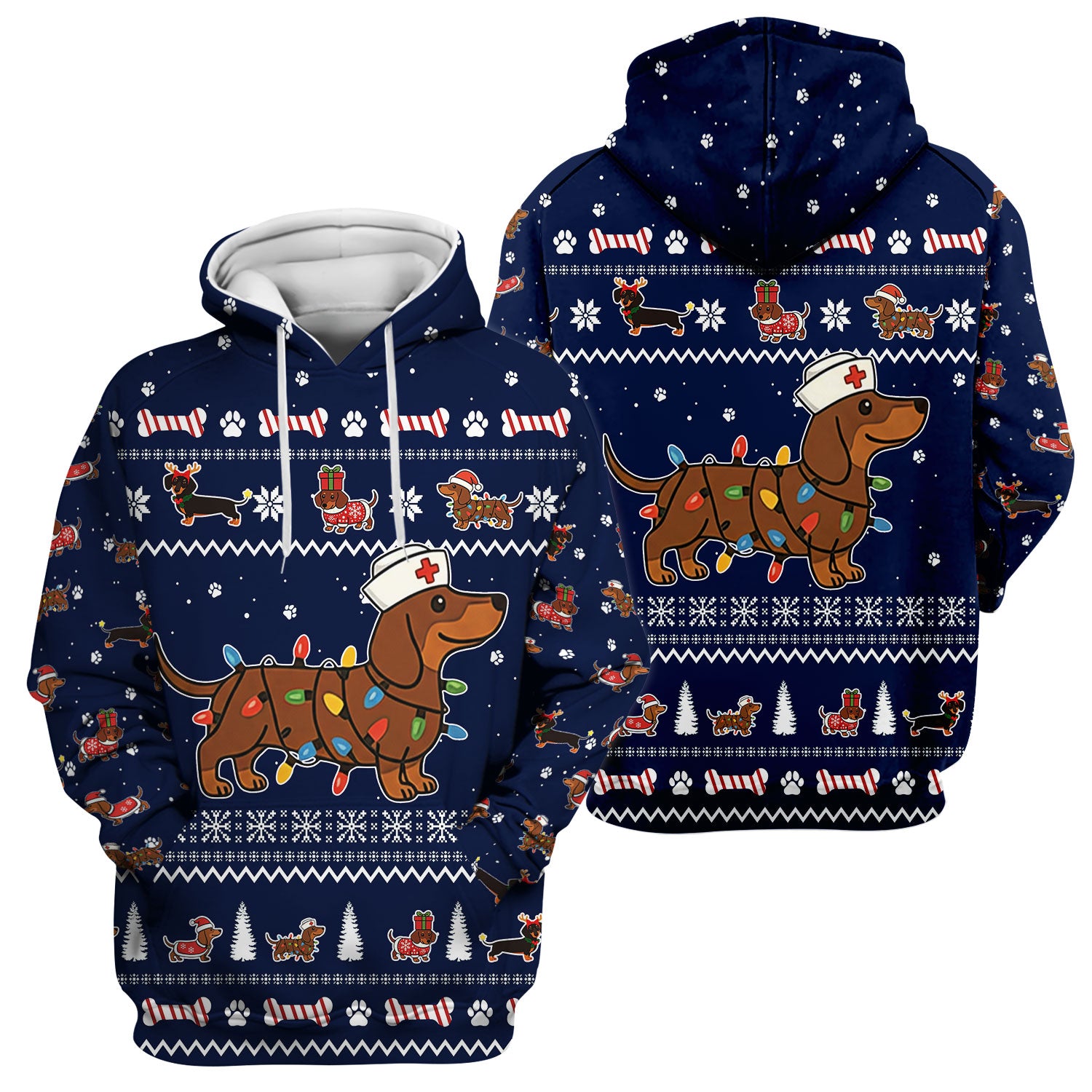 Christmas Dachshund Nurse Scrub Top for Women - Cute Sausage Dog Wearing Lights - Funny Holiday Medical Shirt Gift for RN CNA LPN