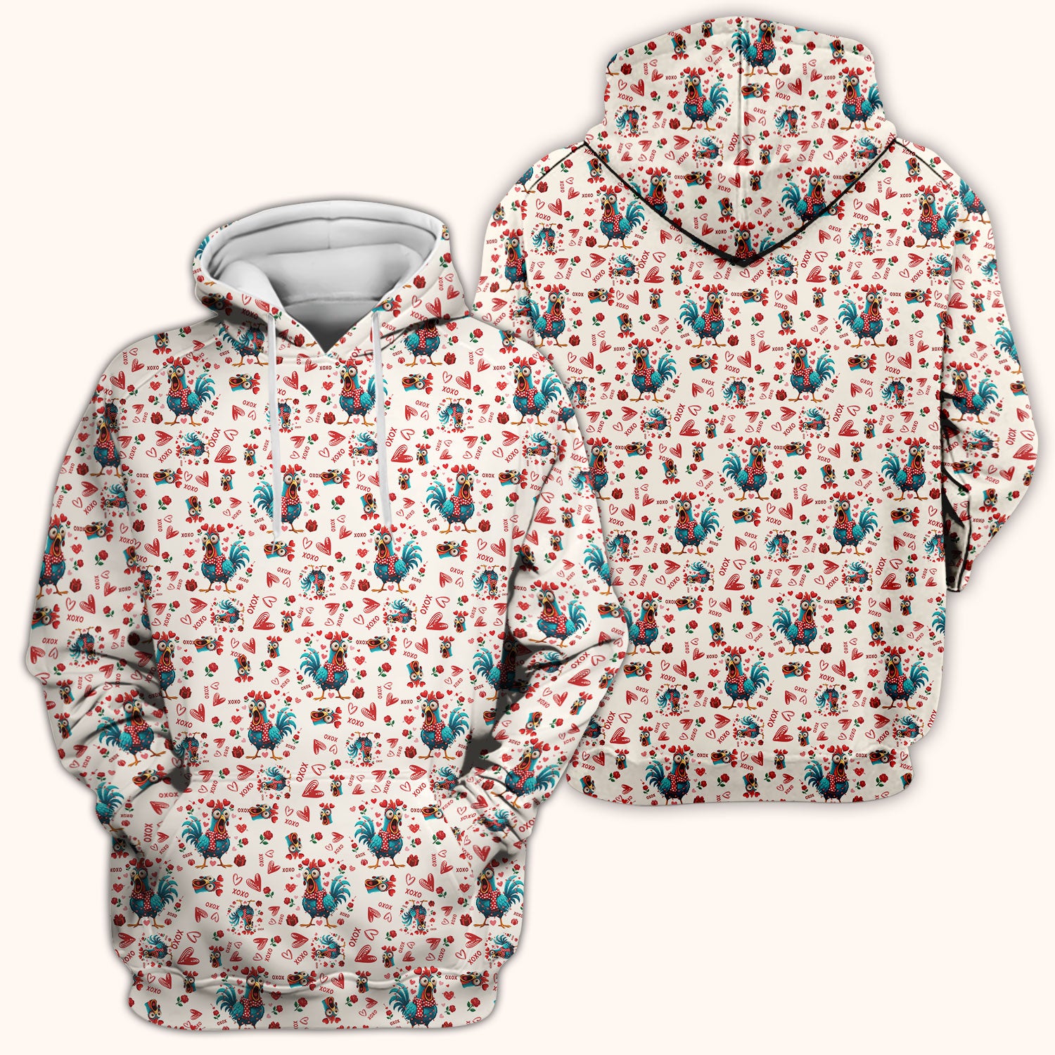 Funny Rooster Valentine Scrub Top, Cute Chicken XOXO Heart Pattern Nurse Shirt, Breathable Fabrics Nursing Uniform