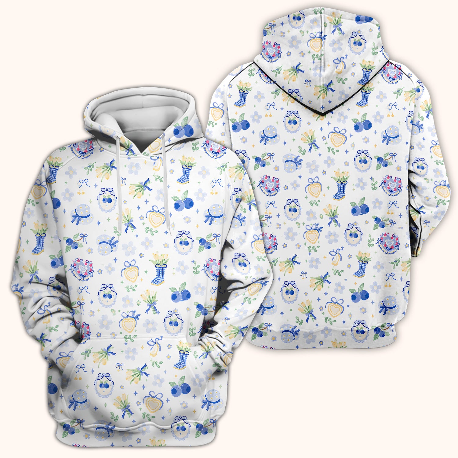 Cute Blueberry Bow Print Scrub Top, Comfortable Scrubs for Nurses