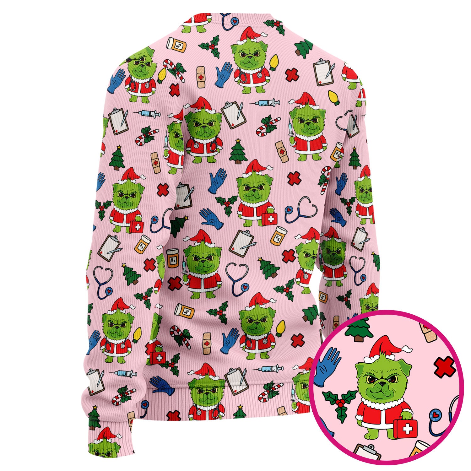 Funny Nurse Christmas Scrubs Set - Grumpy Dog Pattern with Medical Tools - Festive Holiday Scrub Top and Pants for Women