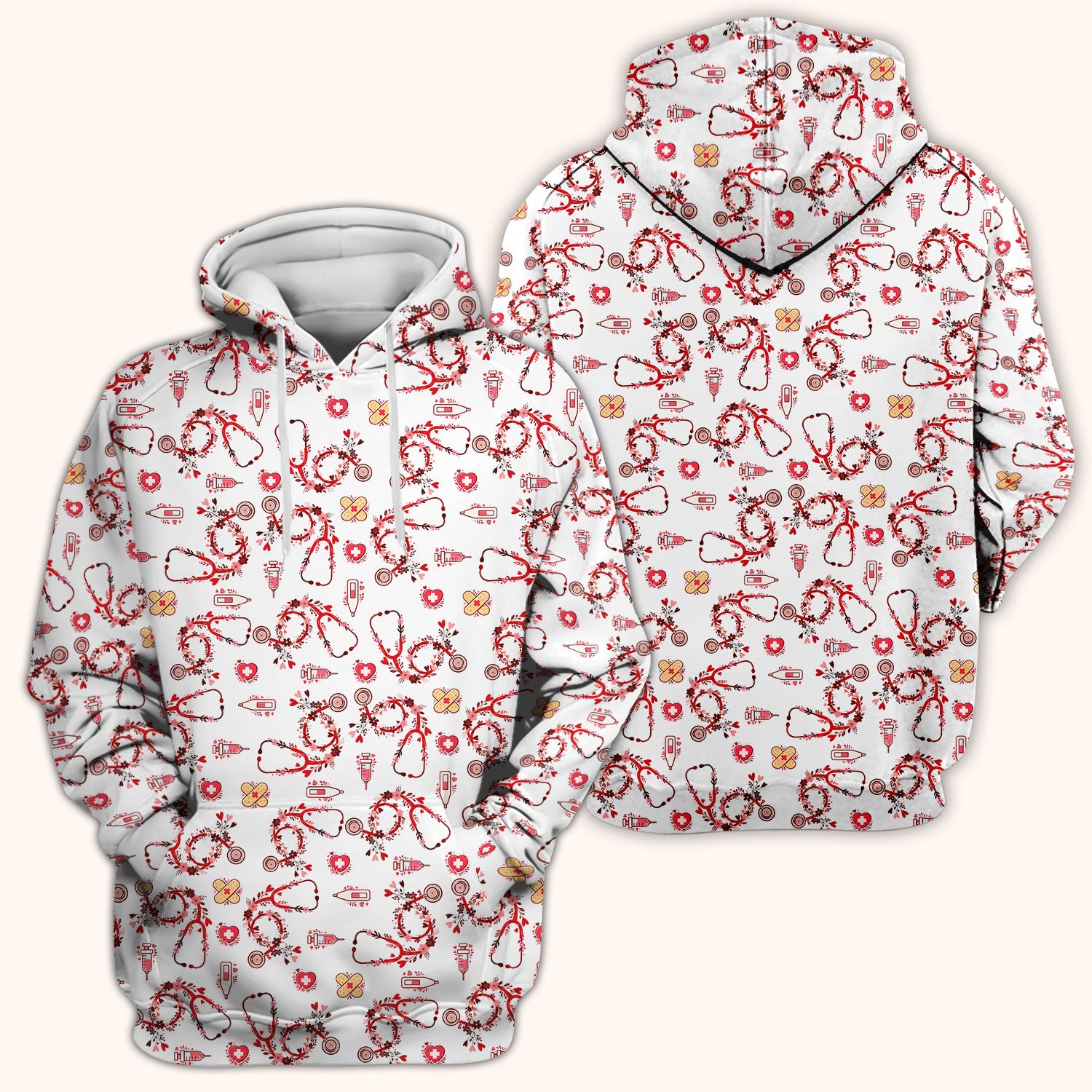 Heart Stethoscope Medical Pattern Scrub Top, Breathable Fabrics Nursing Uniform