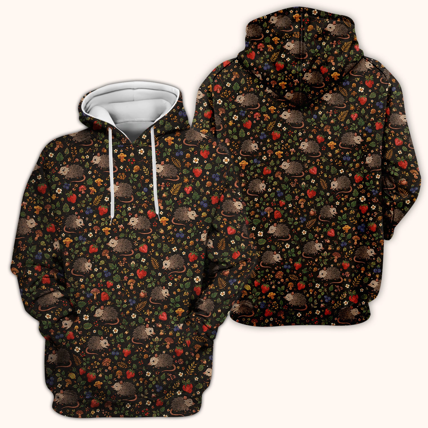 Woodland Opossum Berry Mushroom Pattern Scrub Top, Comfortable Scrubs for Nurses