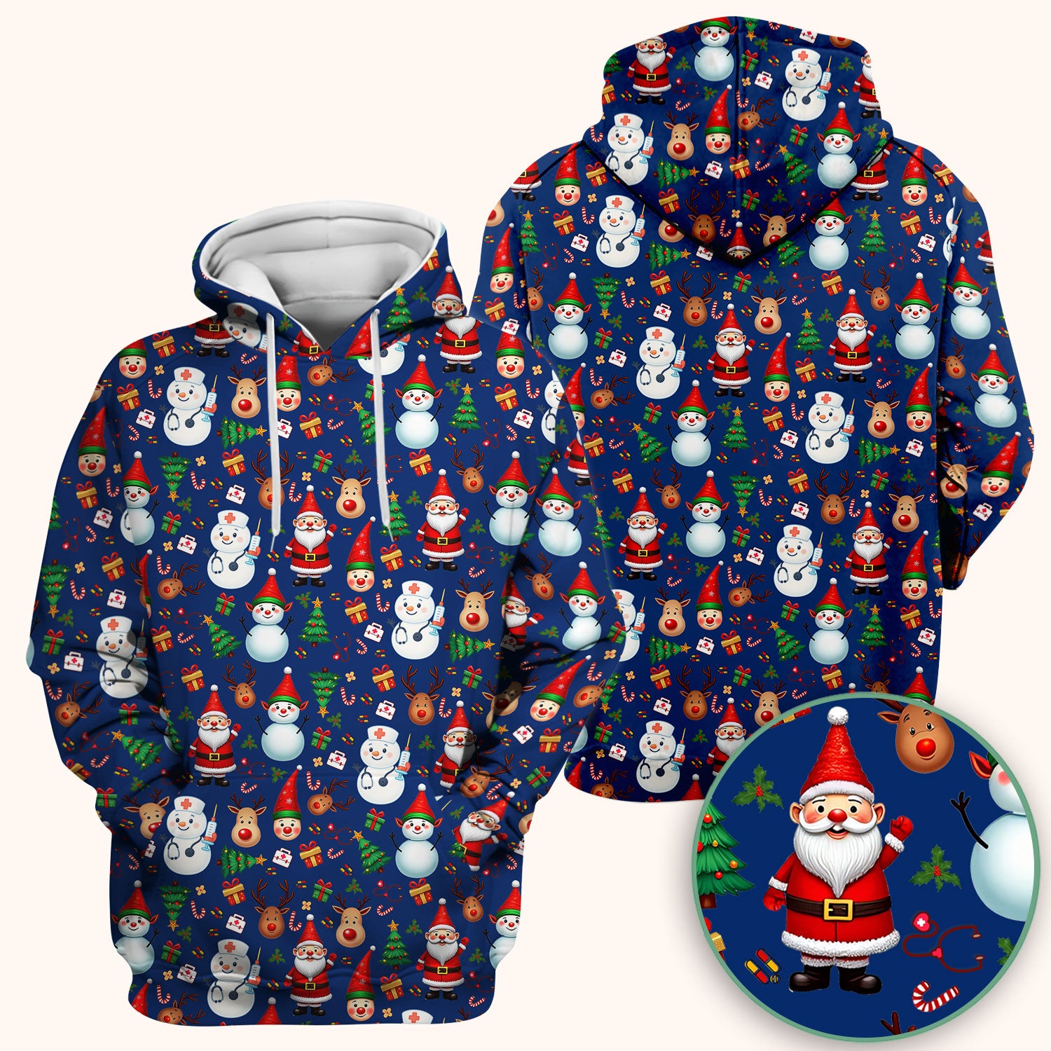 Christmas Scrub Top for Nurses - Cute Snowman Reindeer Santa Pattern - Holiday Medical Uniform RN CNA LPN Gift