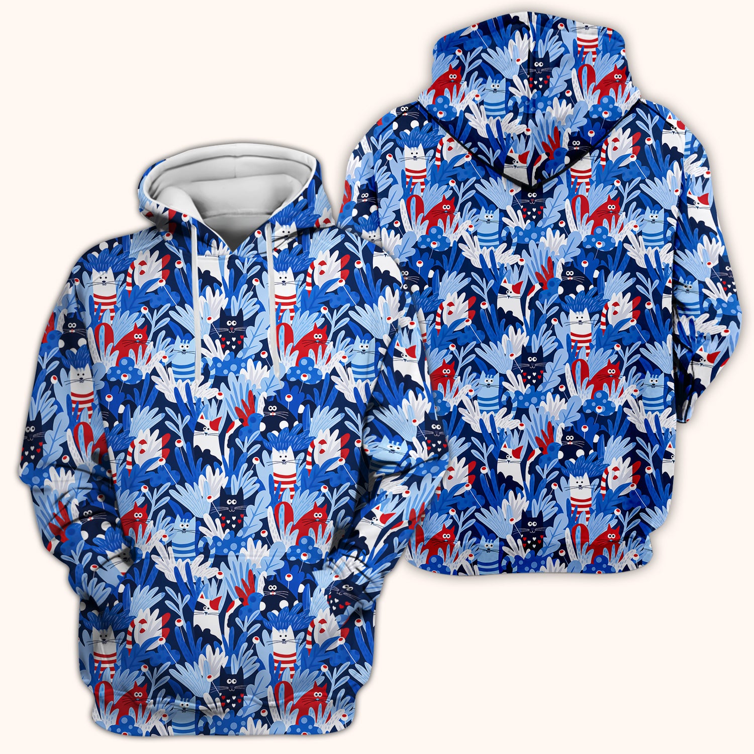 Cute Cats Among Blue Foliage Pattern Scrub Top, Comfortable Scrubs for Nurses