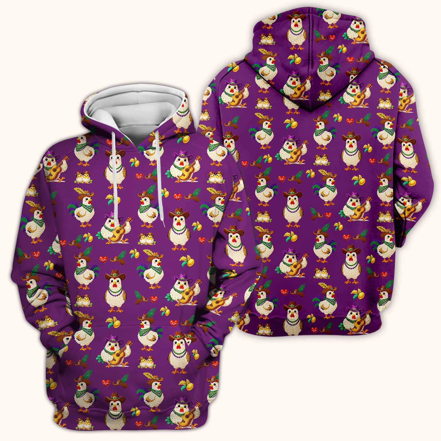 Funny Mardi Gras Rooster Cowboy Print Scrub Top, Comfortable Scrubs for Nurses