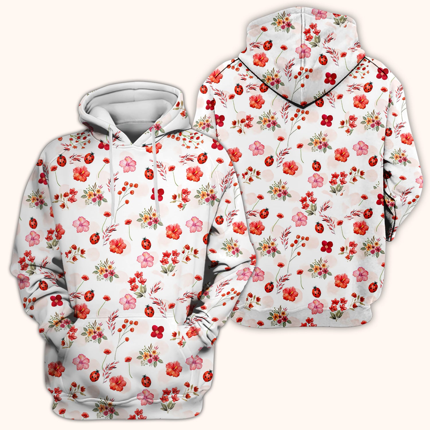 Red Ladybug Floral Garden Pattern Scrub Top, Comfortable Scrubs for Nurses