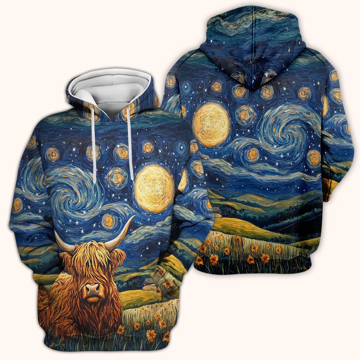 Artistic Highland Cow Starry Night Scene Pattern Scrub Top, Comfortable Scrubs for Nurses