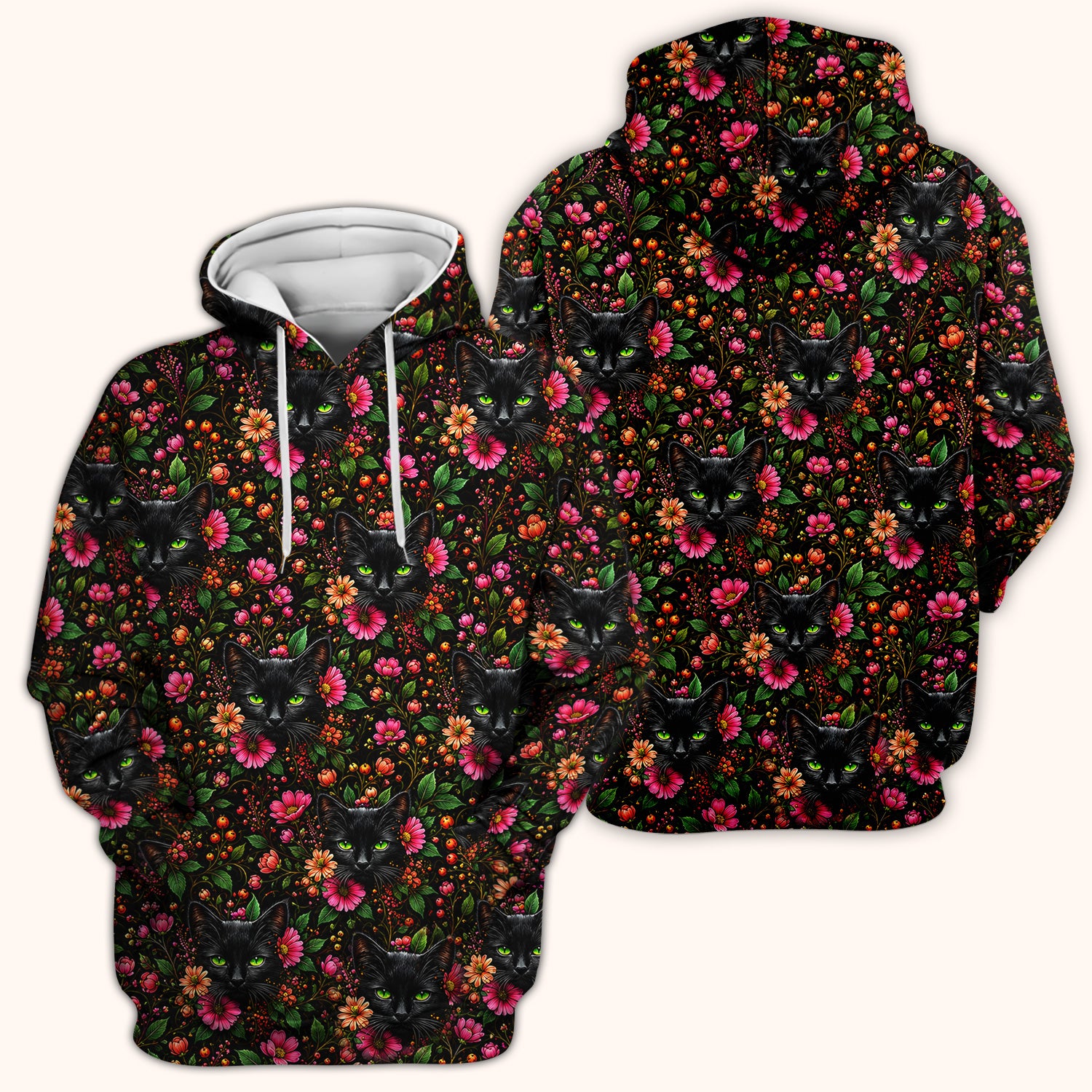 Adorable Black Cat Blossom Pattern Scrub Top, Comfortable Scrubs for Nurses