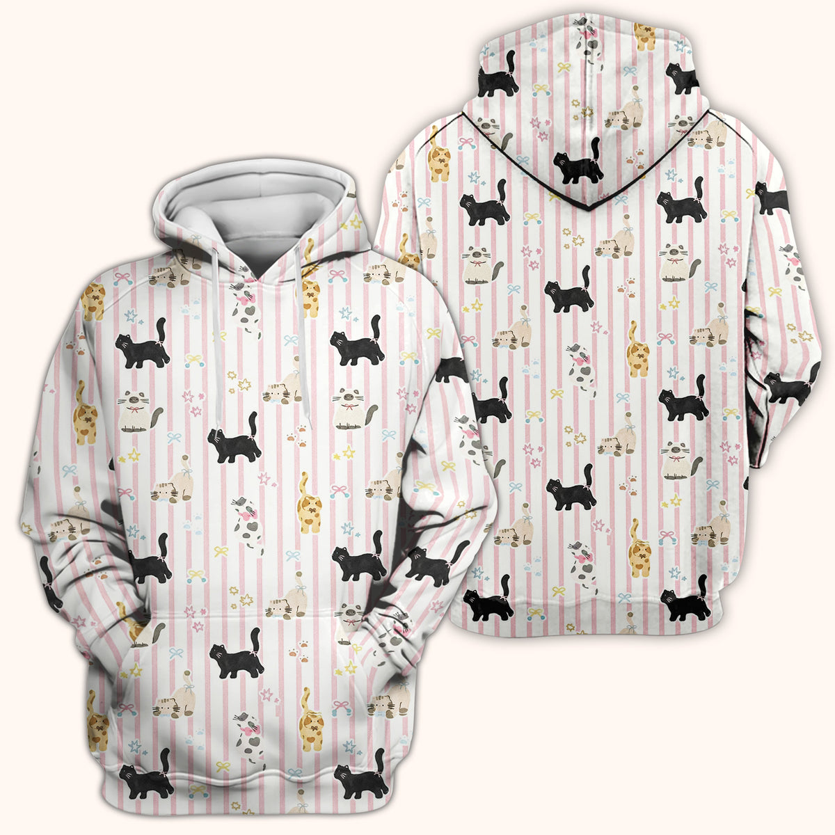 Cute Playful Cat Stripe Ribbon Pattern Scrub Top, Breathable Fabrics Nursing Uniform