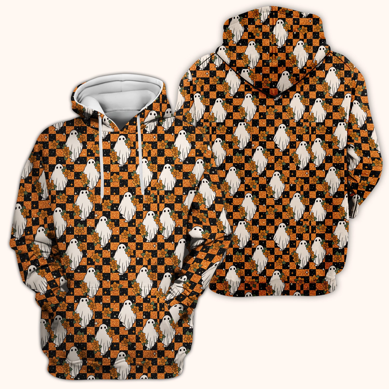 Spooky Halloween Ghost Checkerboard Scrub Top, Comfortable Scrubs for Nurses