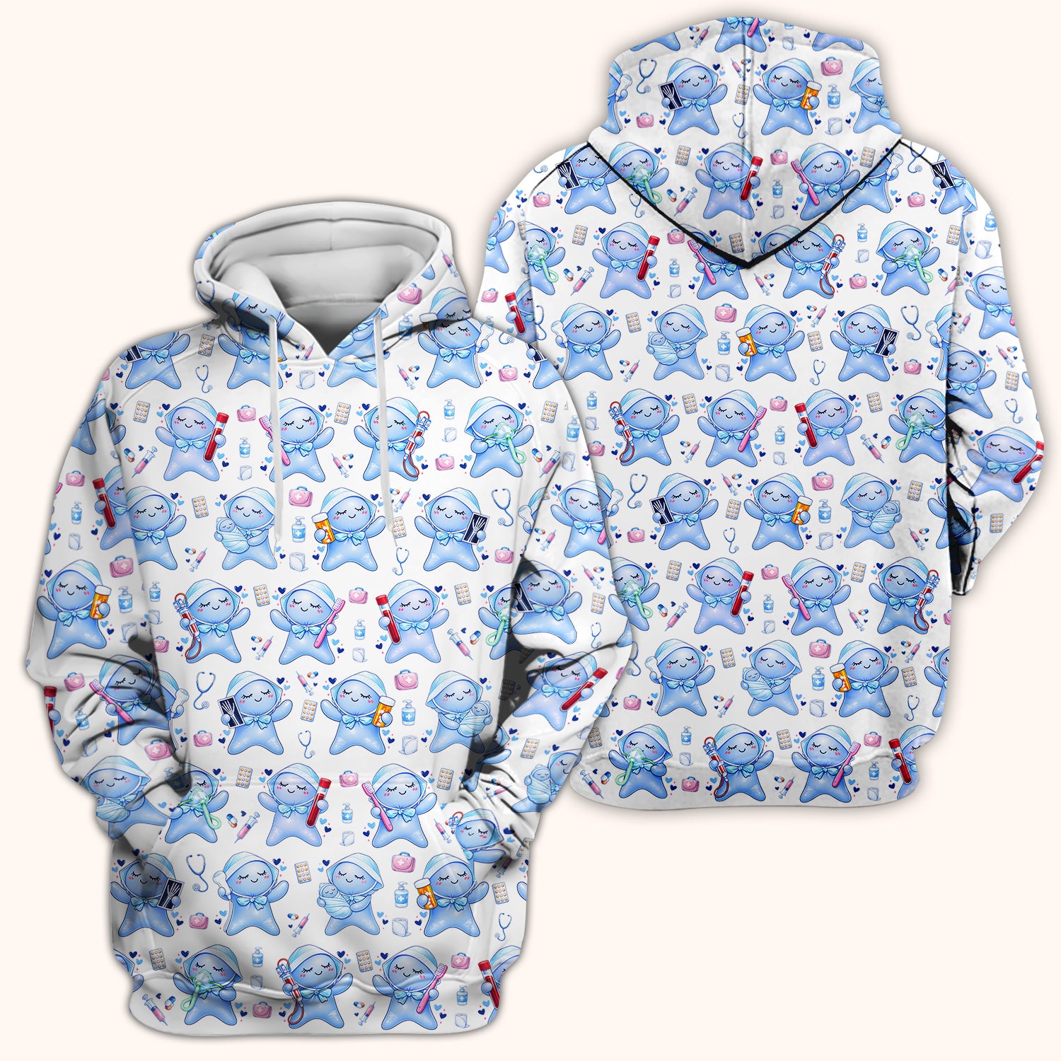 Cute Tooth Character Dental Tools Caring Pattern Scrub Top, Breathable Fabrics Nursing Uniform