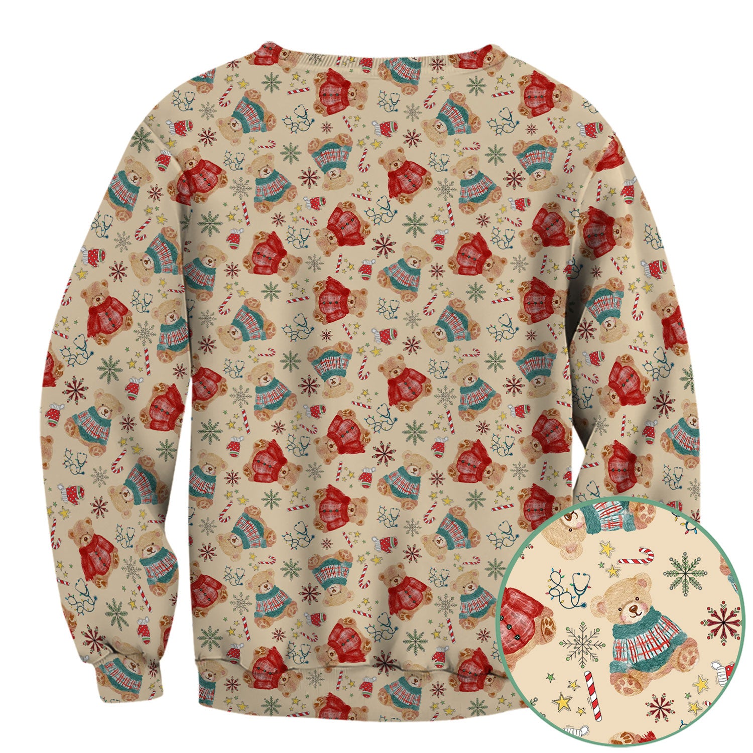 Christmas Bear Scrub Top - Cute Holiday Teddy Print Scrubs for Nurses - Funny Xmas Medical Scrub Shirt Gift for Women CNA RN