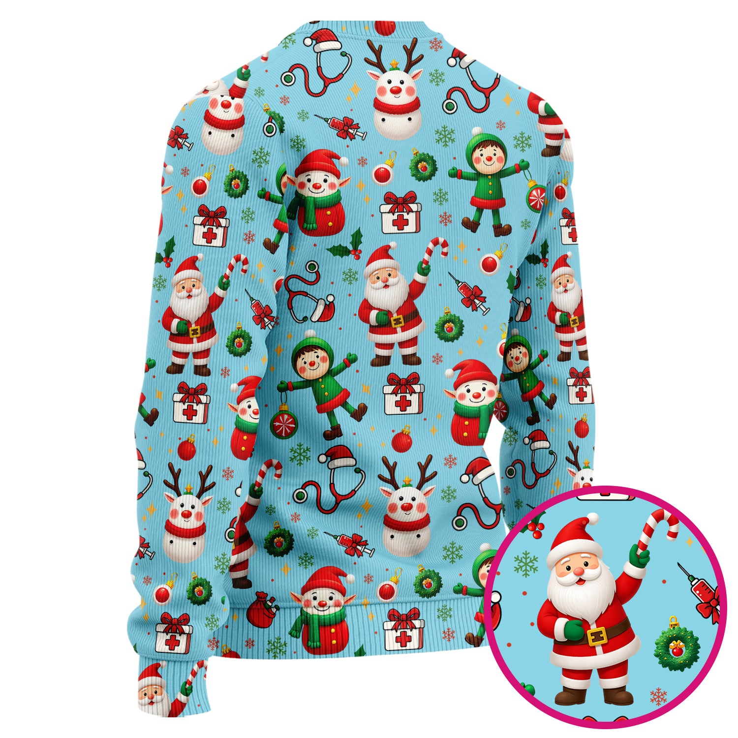 Santa Christmas Scrub Set - Cute Reindeer Scrubs Pants and V Neck Top - Festive Holiday Med Uniform for Women