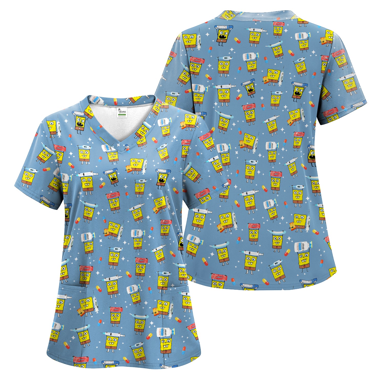 Cartoon Character Scrub Top - All-Over Print Doodle Medical Characters - Gift for RN LPN Healthcare Workers