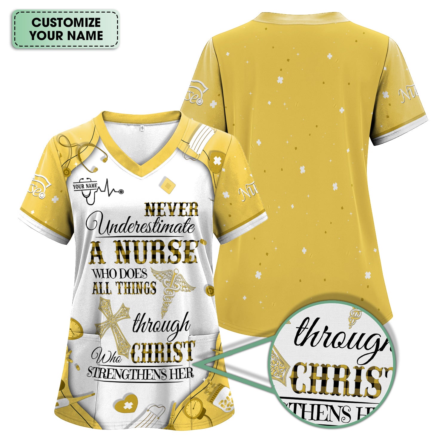 Faith-Based Personalized Nursing Scrub for Women - Bible Verse All Things Through Christ - Gift for RN, LPN, CNA Healthcare Professionals