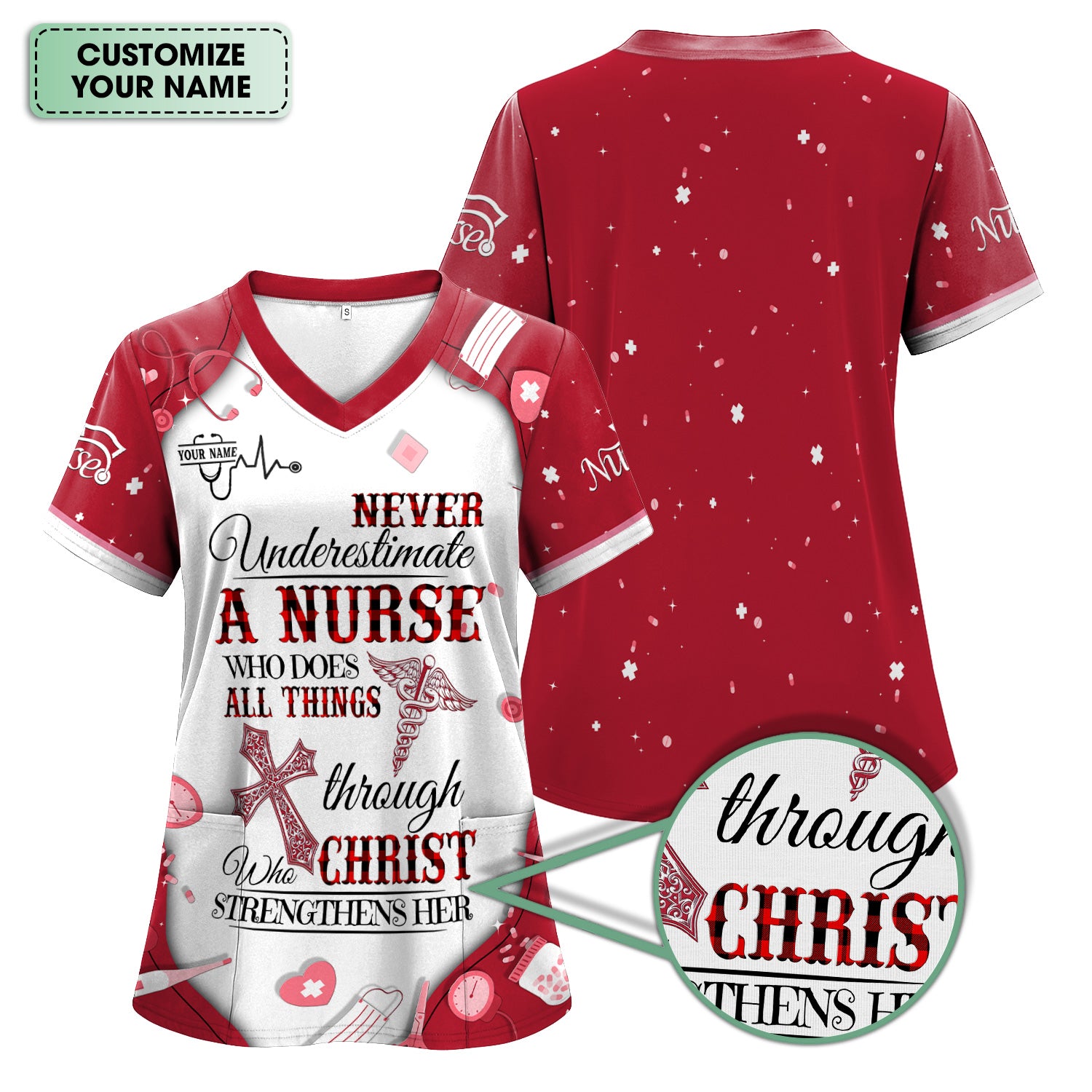 Faith-Based Personalized Nursing Scrub for Women - Bible Verse All Things Through Christ - Gift for RN, LPN, CNA Healthcare Professionals