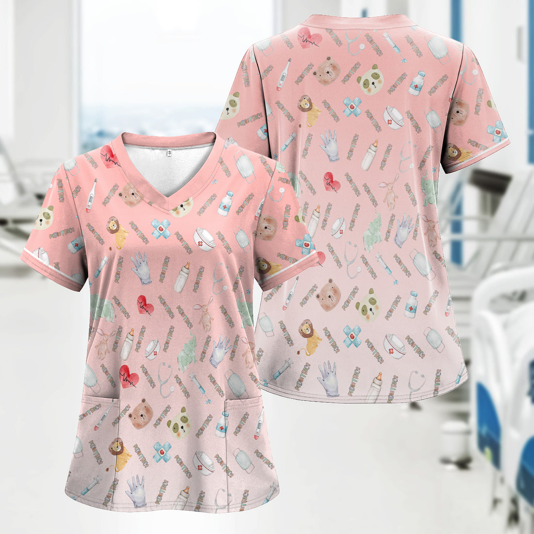 Adorable Pediatric Medical Scrub - Medical Uniform Top with Animal & Heart Icons - Gift for RN, CNA, LPN, Healthcare Worker