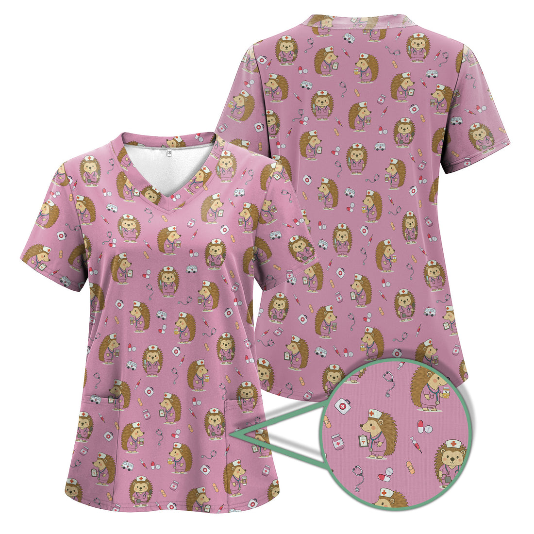 Cute Hedgehog Nurse Scrub Top - Funny Animal & Medical Design - Gift for Women RN LPN Pediatric Nurses