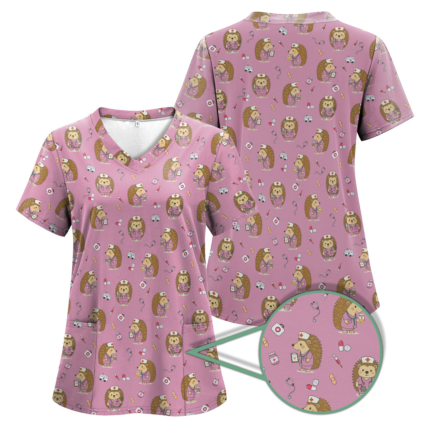 Cute Hedgehog Nurse Scrub Top - Funny Animal & Medical Design - Gift for Women RN LPN Pediatric Nurses
