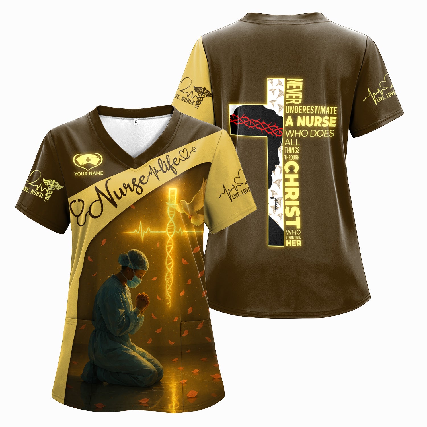 Christian Nurse Shirt for Women RN LPN CNA - Personalized Prayer Design with Dove and DNA Cross - Faith-Based Gift for Healthcare Workers Who Trust in Christ