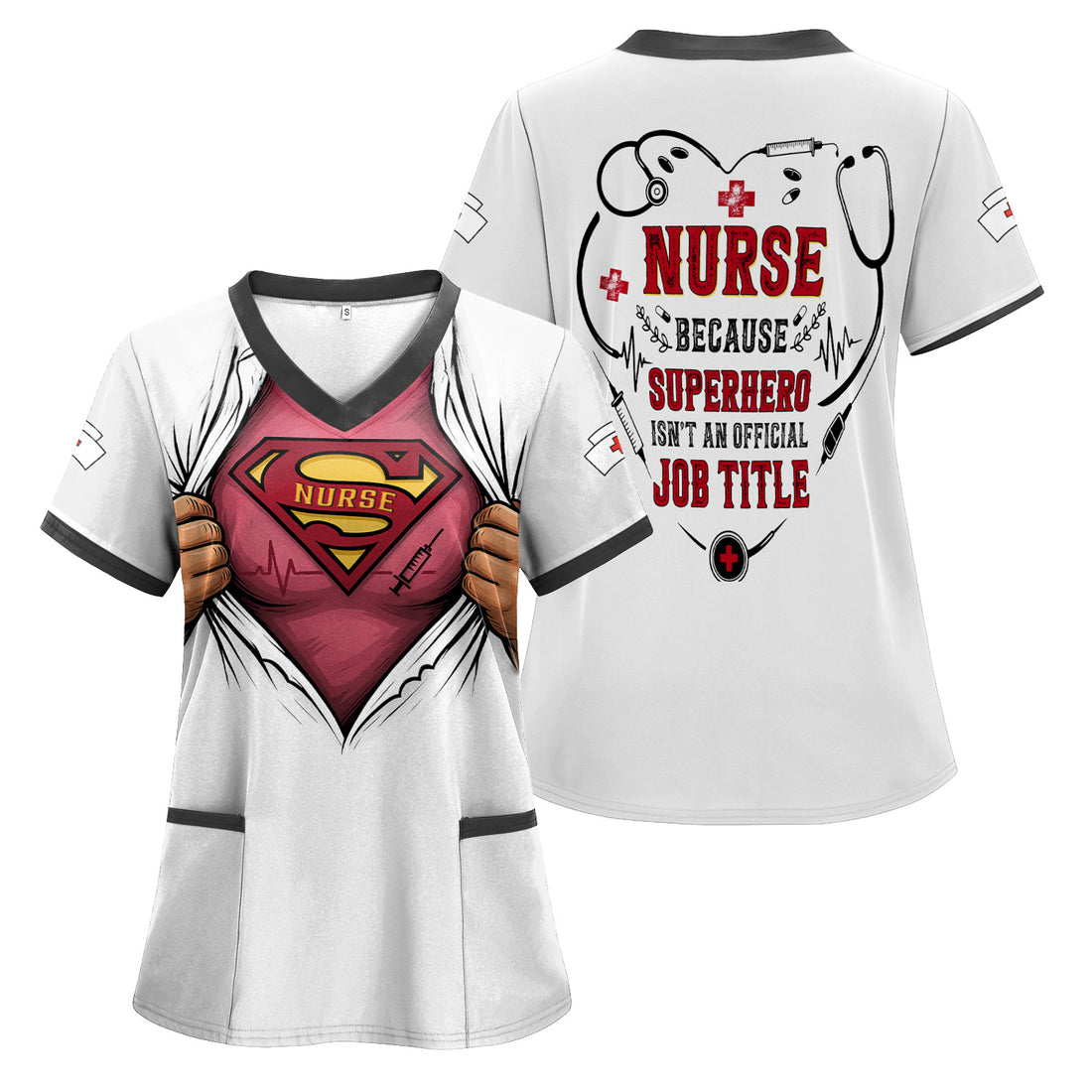 Personalized  Superhero Nurse Scrub Top - Funny Medical Uniform with Pockets - Gift for Healthcare Workers, RN, CNAs, LPNs