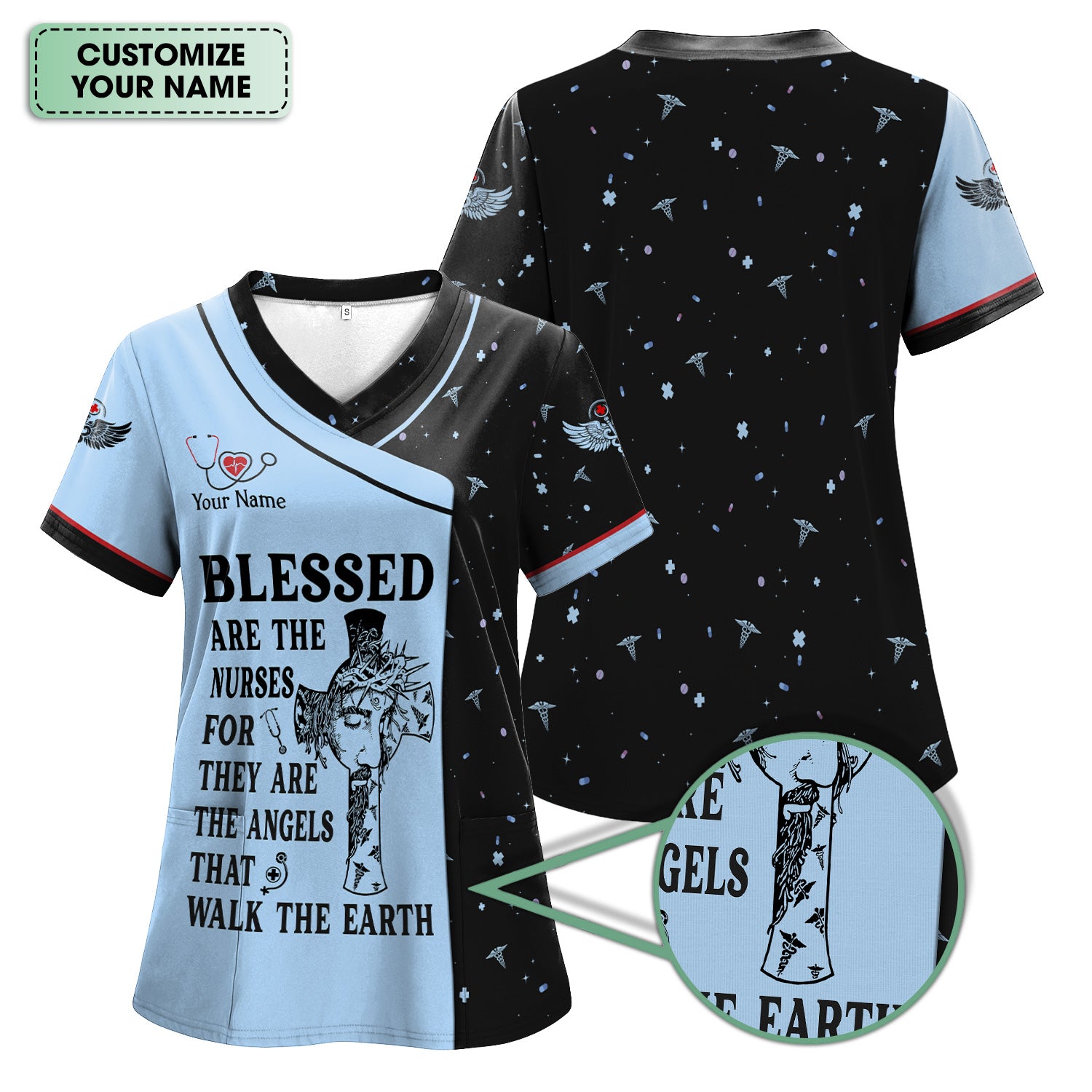 Personalized Christian Nurse Scrub Top - Jesus Cross & Angels That Walk The Earth Quote - Gift for Women RN LPN