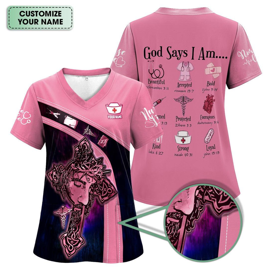 Personalized Christian Nurse Scrub Top - God Says I Am Bible Verses Design - Gift for Healthcare Workers  RN, LPN, CNA
