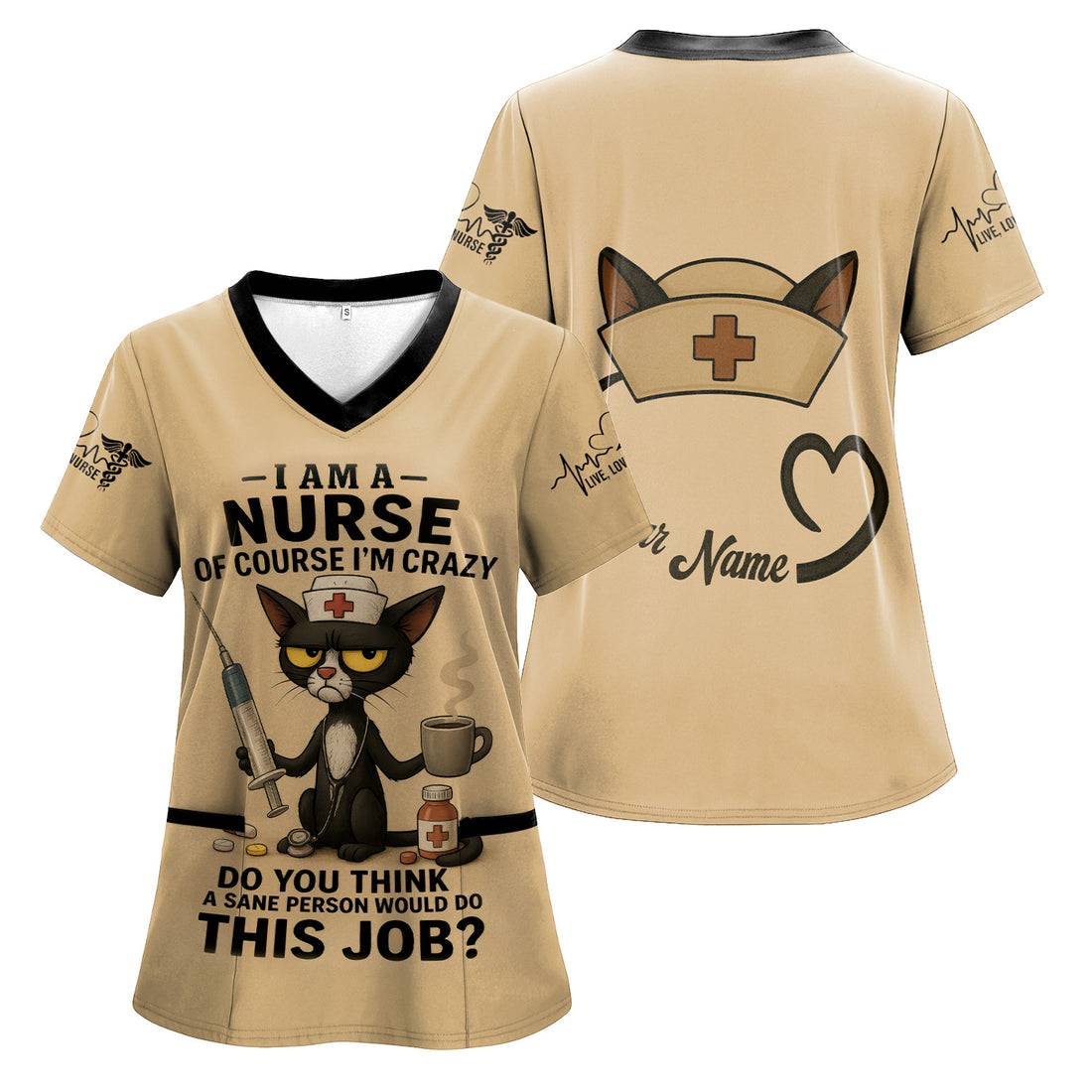 Funny Personalized Nurse Scrub Top - Grumpy Cat Holding Syringe Coffee & Pills - Do You Think A Sane Person Would Do This Job - Custom Gift for RN LPN CNA Women