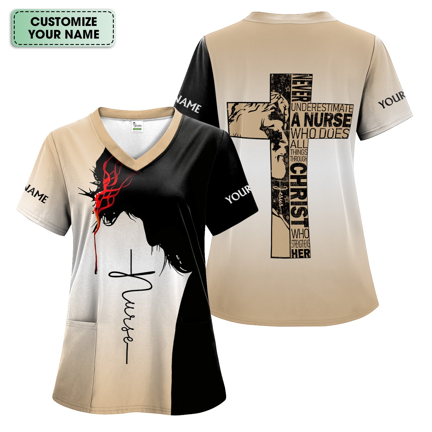 Personalized Christian Nurse Scrub Top - Christian Cross & Jesus Faith Design - Gift for RN LPN CNA