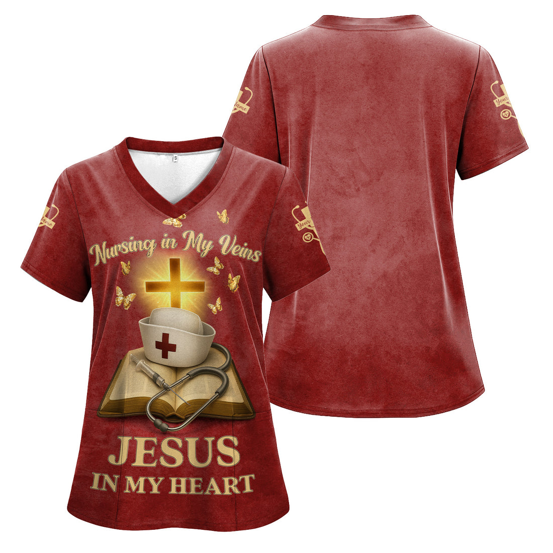 Personalized Christian Nurse Scrub Top - Nursing in My Veins Quote  - Available in Multiple Colors - Gift for Women RN LPN