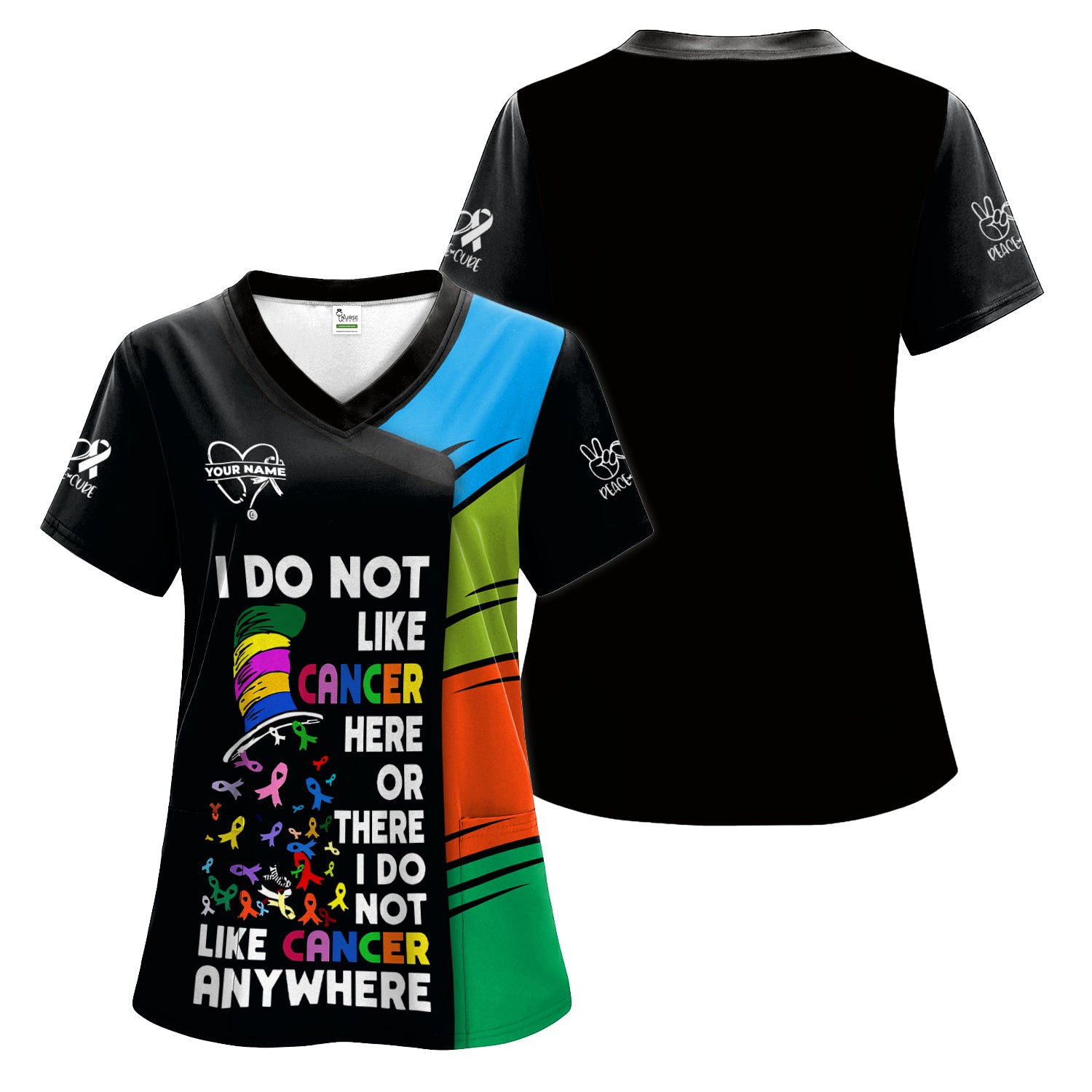 Personalized Breast Cancer Awareness Scrub Top - I Do Not Like Cancer Anywhere - Gift for Women RN LPN