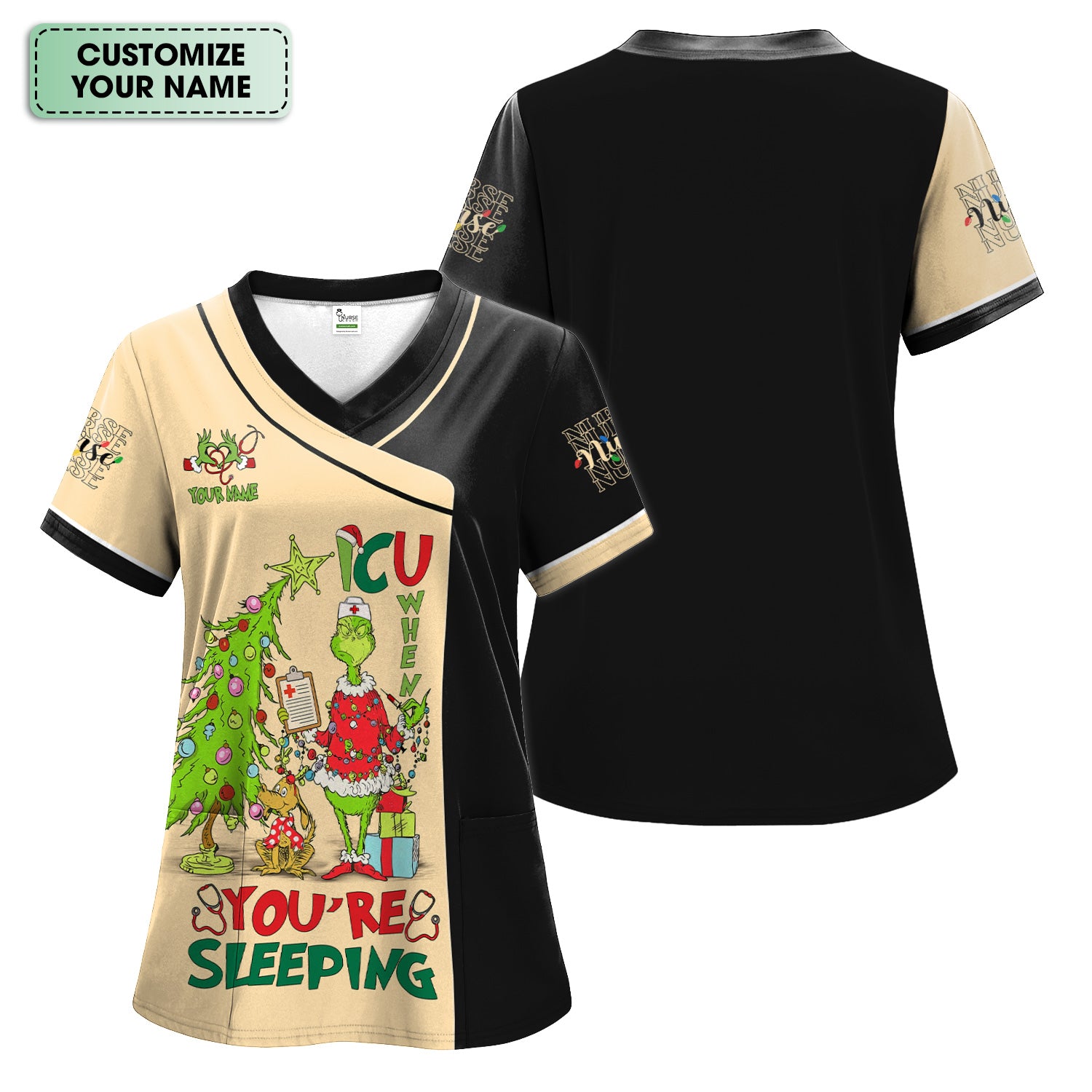 Custom Name Christmas Nurse Scrub - Grinch ICU When You’re Sleeping - LPN CNA RN Gift
