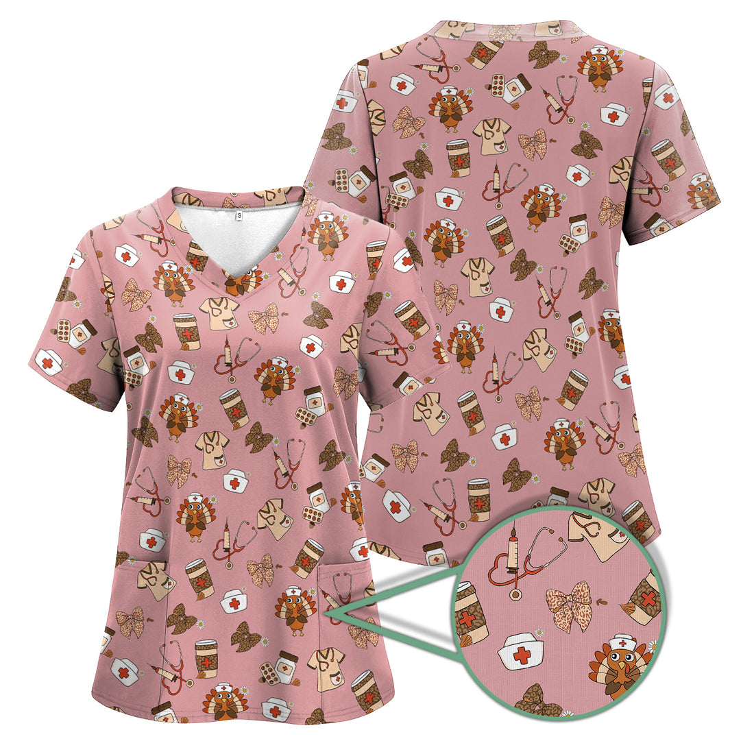Cute Nurse Fall Season Scrub Top - Thanksgiving Turkey & Stethoscope Medical Design  - Gift for RN LPN CNA