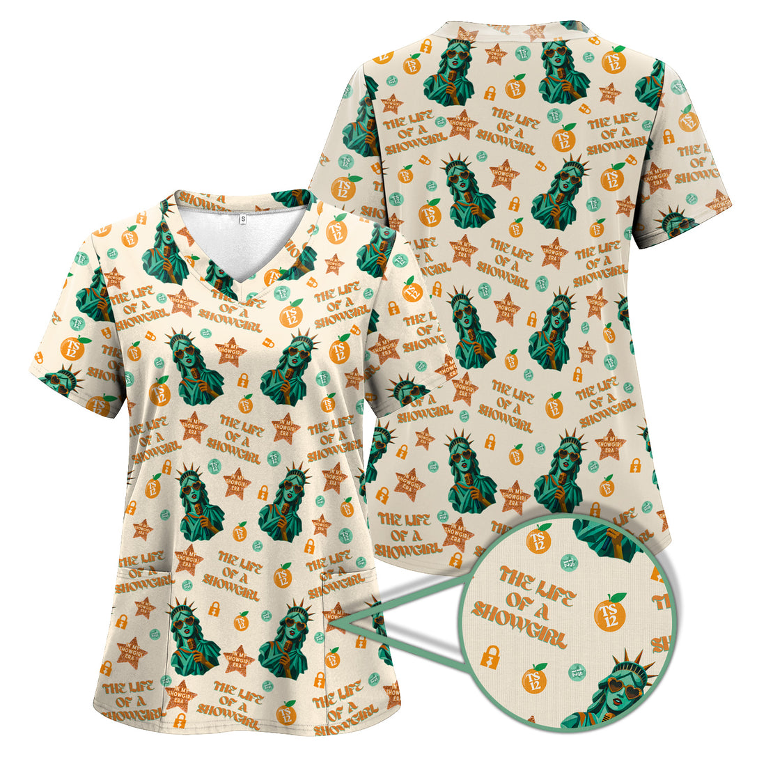 Women's Showgirl Scrub Top - Cool Liberty Statue TS12 Orange Shirt  - Gift for Women RN LPN & Healthcare Workers