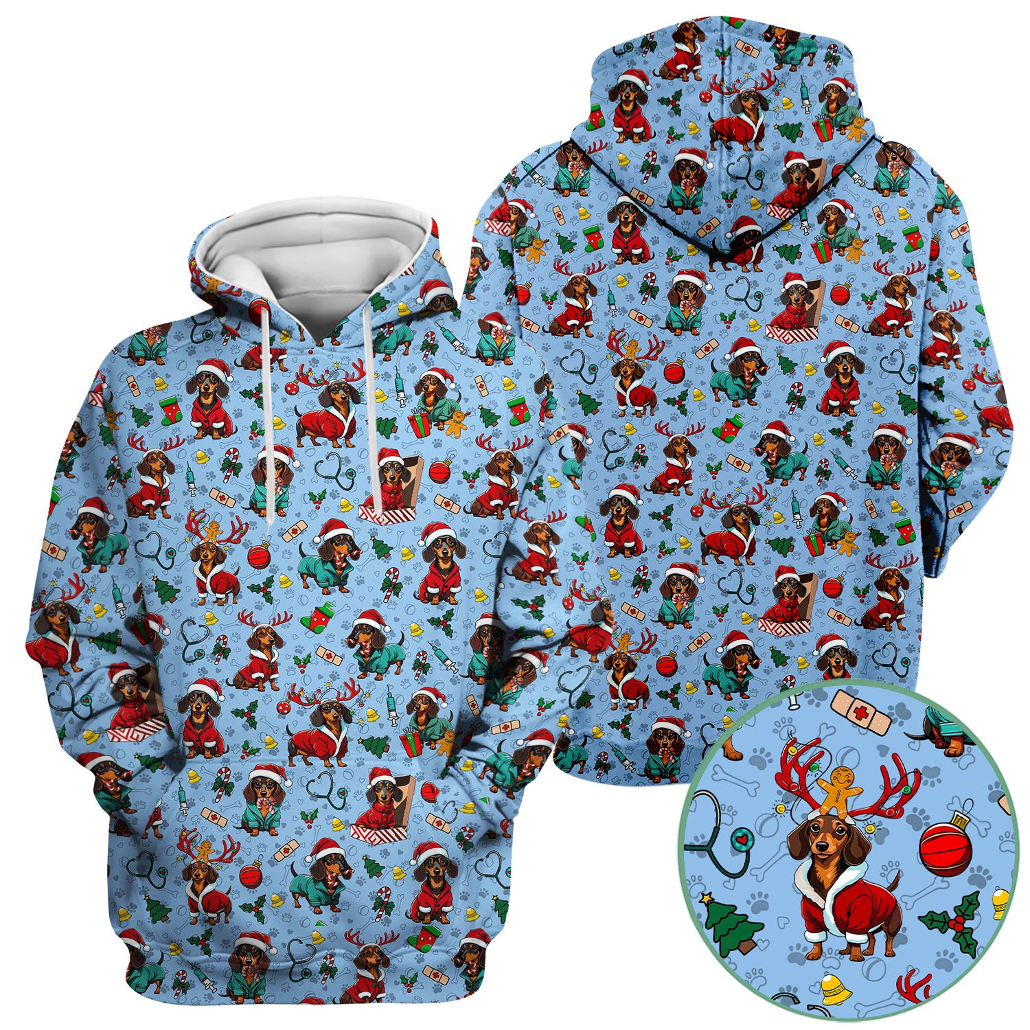 Christmas Dachshund Scrubs for Nurses - Cute Sausage Dog Holiday Scrub Top - Funny Reindeer & Santa Medical Shirt for Women
