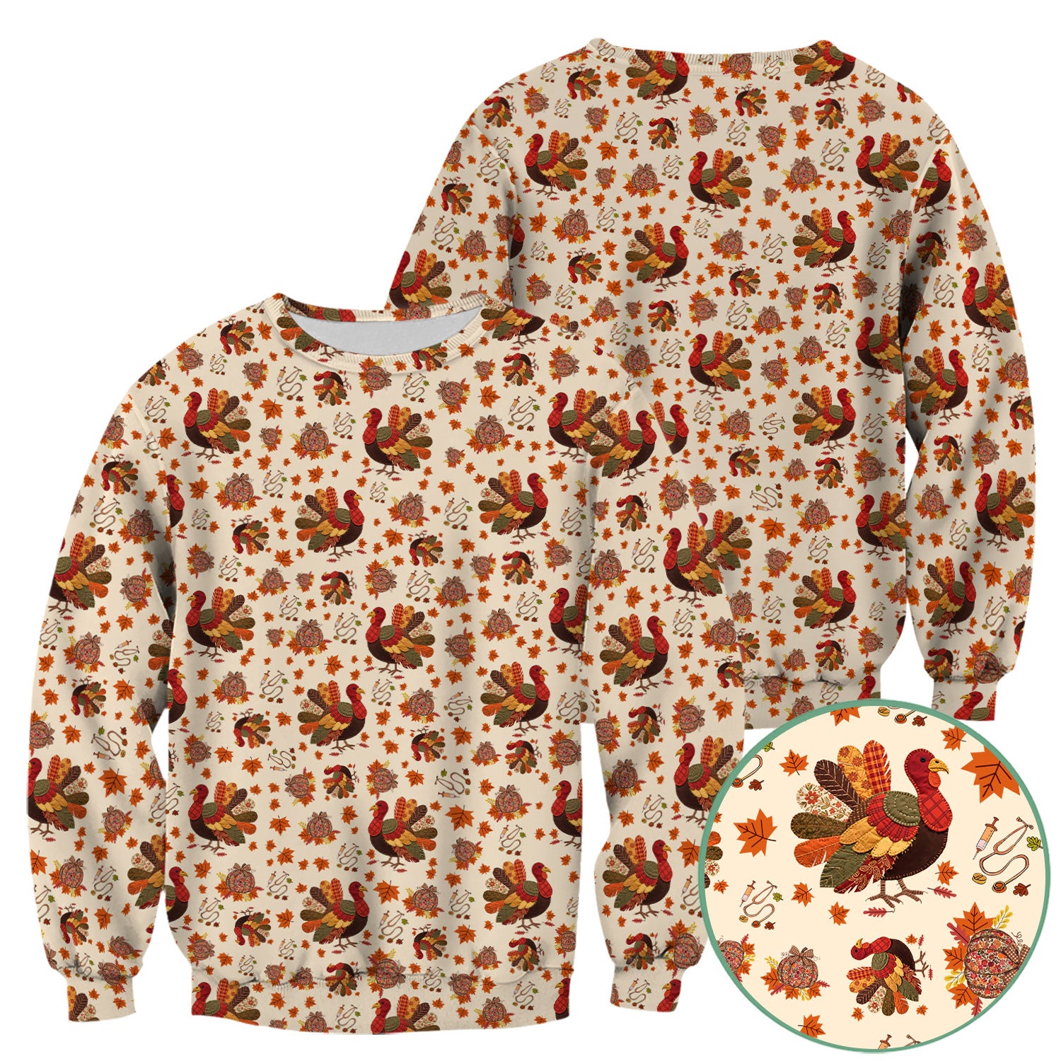 Thanksgiving Turkey Nurse Scrub Top for Women - Fall Leaves Pattern Shirts - Autumn Nursing Uniform Gift for RN LPN CNA